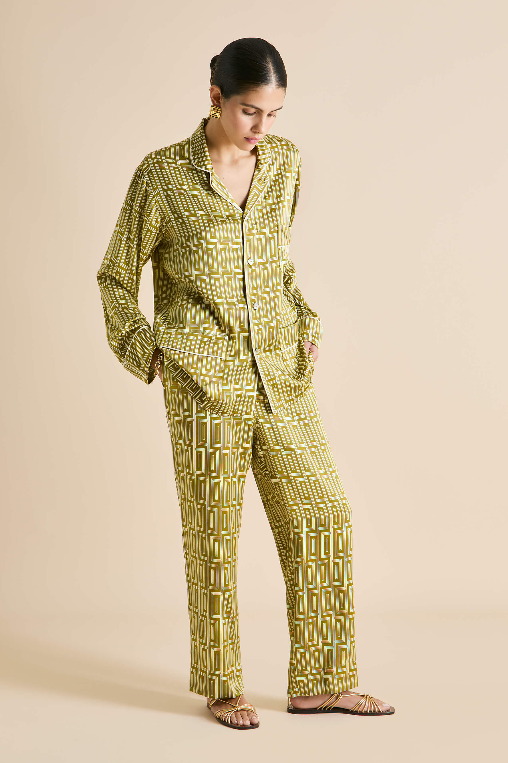 Laurent Ruhlmann Gold Geometric Pyjamas in Silk Satin