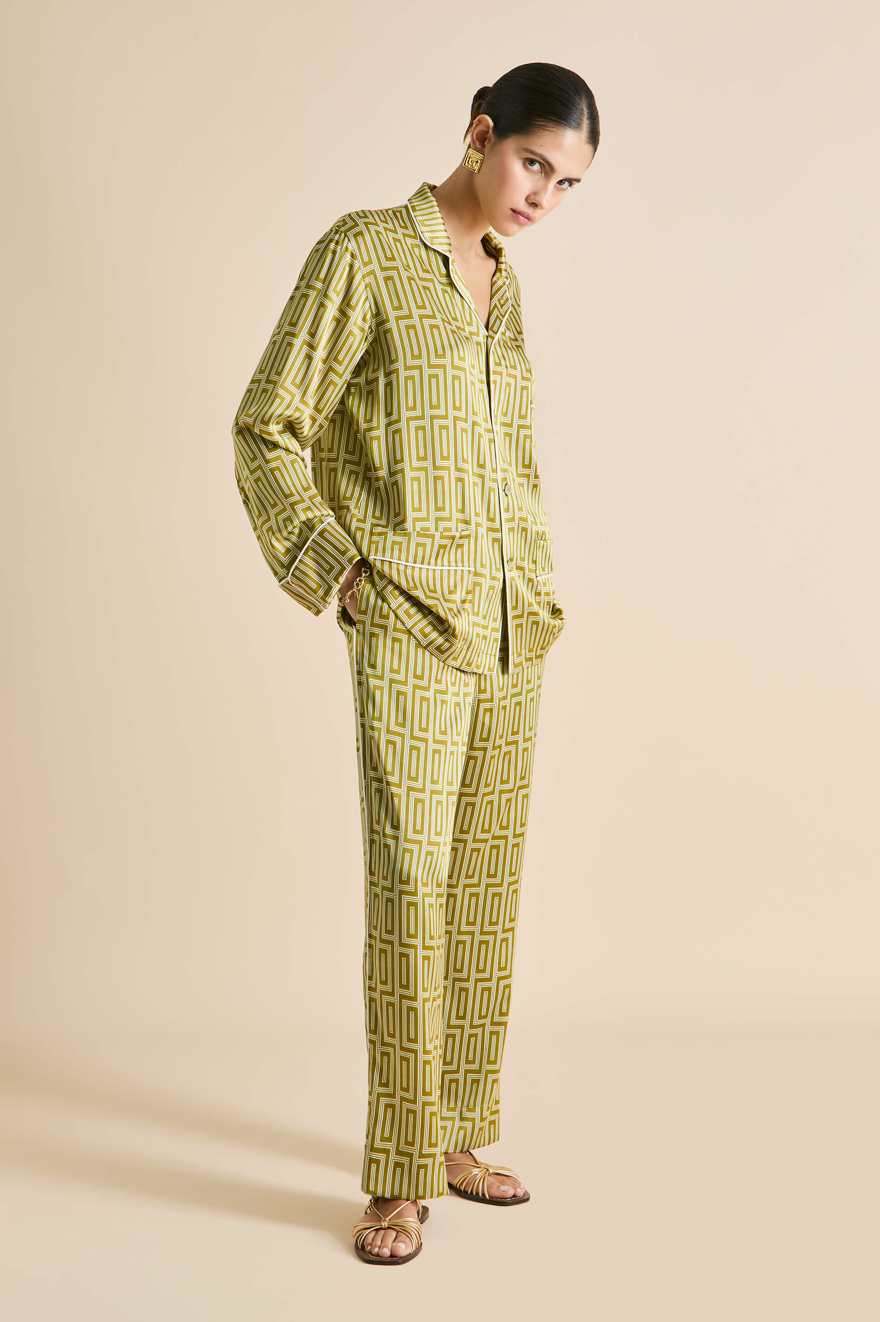 Laurent Ruhlmann Gold Geometric Pyjamas in Silk Satin