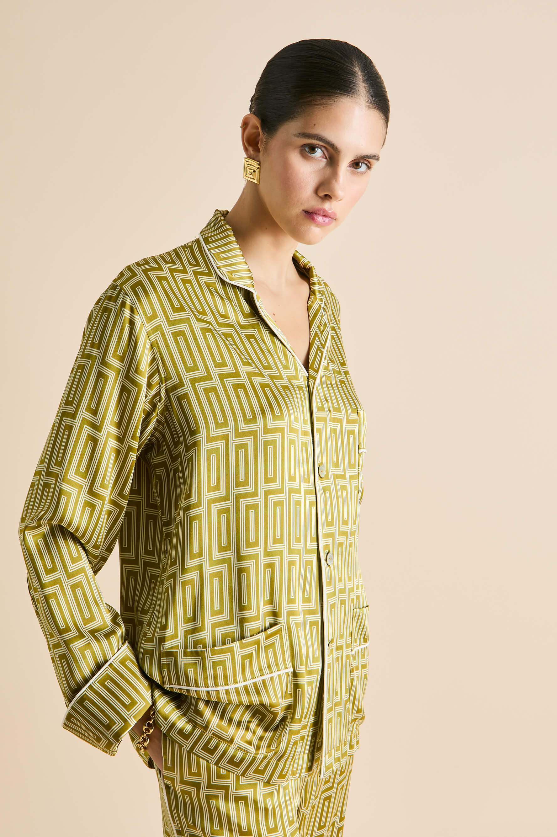 Laurent Ruhlmann Gold Geometric Pyjamas in Silk Satin