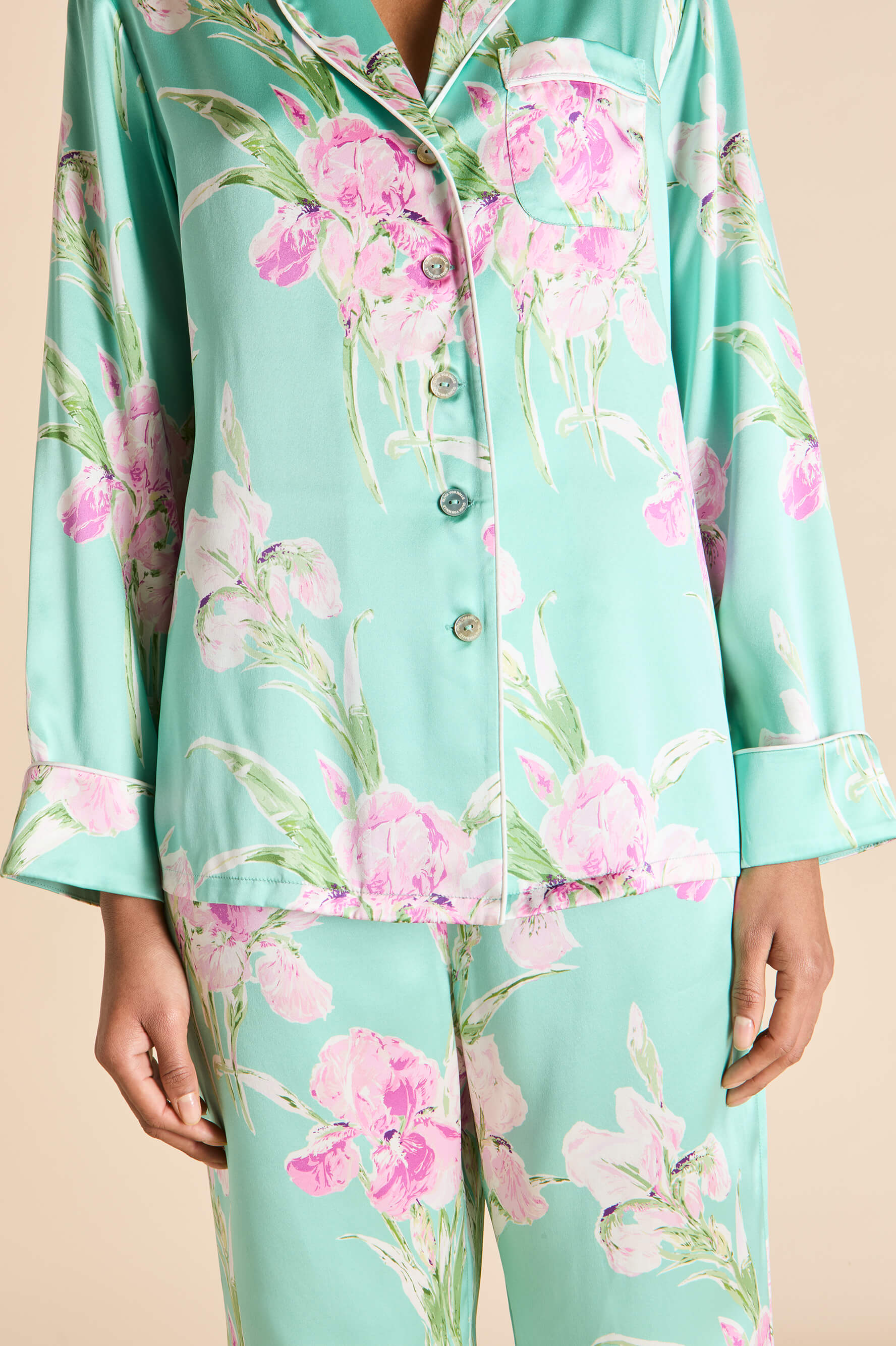 lila abalone turquoise floral pajamas in silk satin 