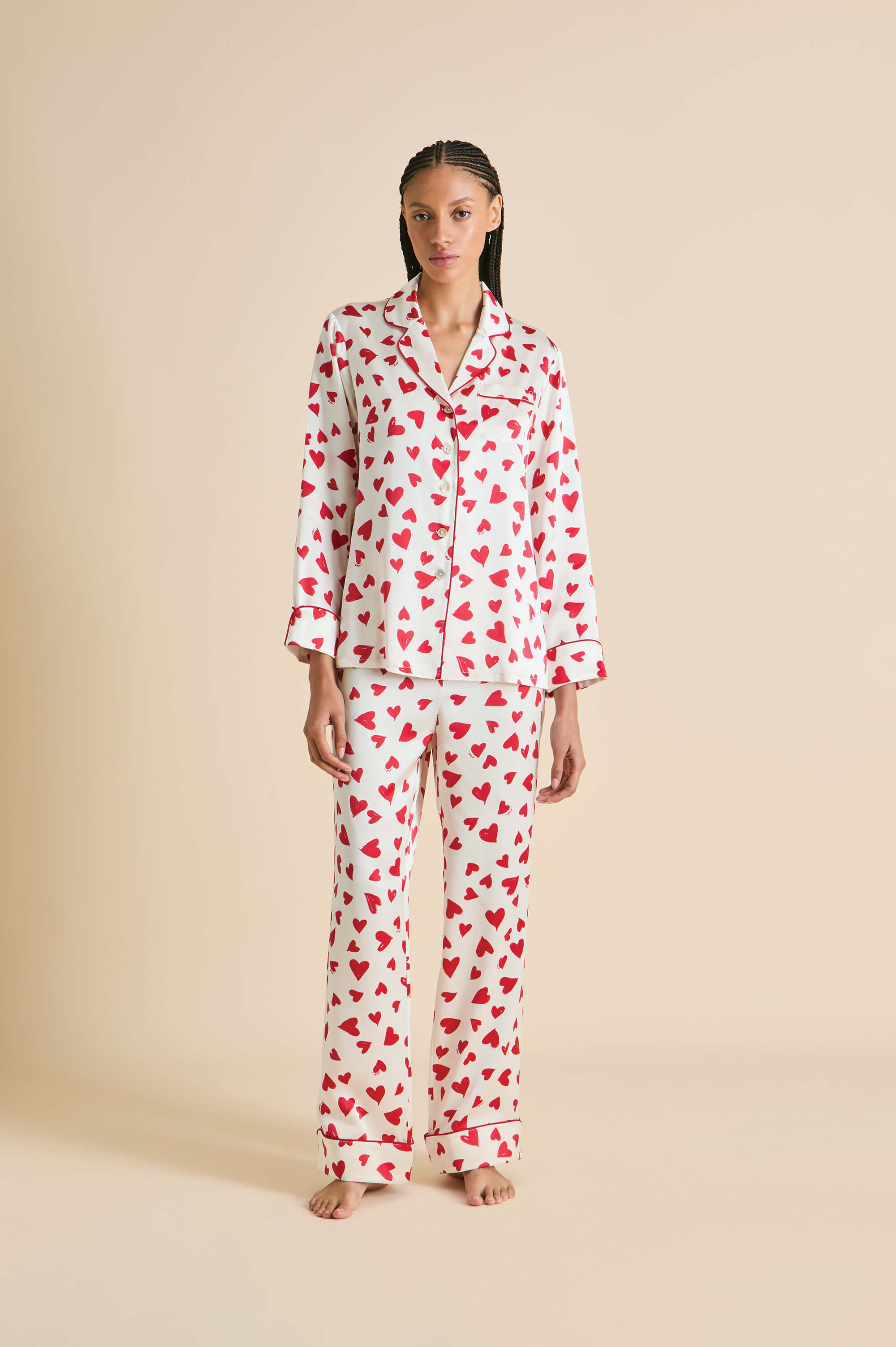 Lila Amore Red Heart Pyjamas in Silk Satin