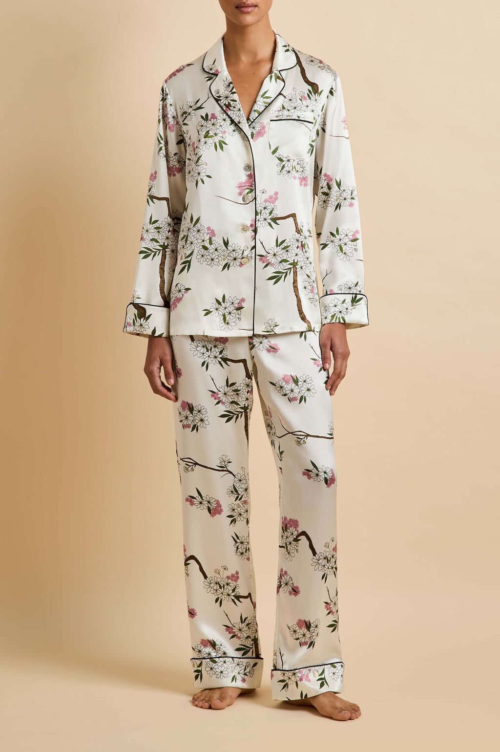 Lila Ana Ivory Blossom Pajamas in Silk Satin, Size S
