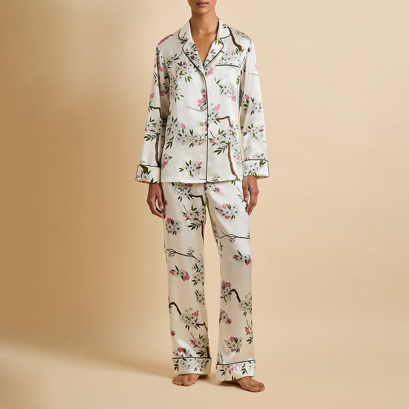 Lila Ana Ivory Blossom Pyjamas in Silk Satin