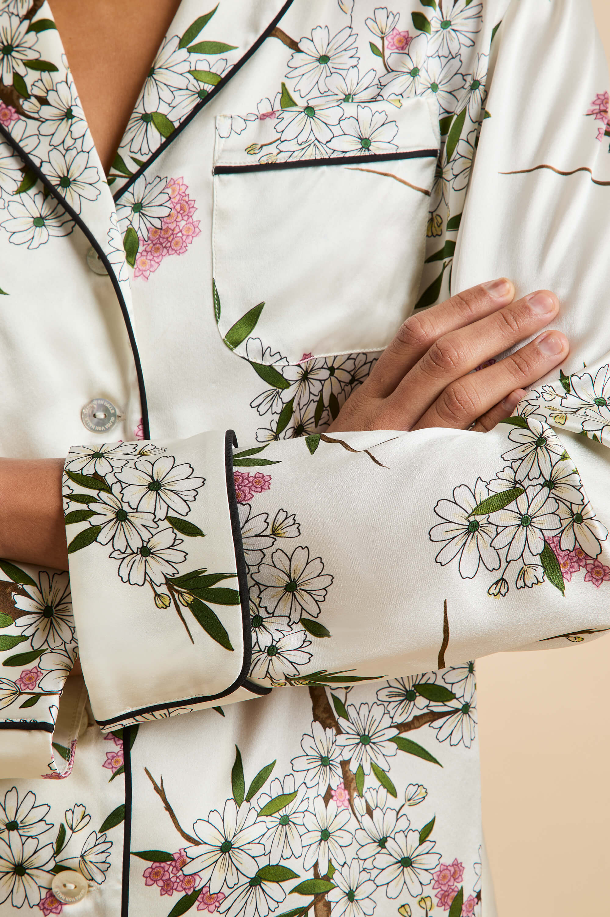 Lila Ana Ivory Blossom Pyjamas in Silk Satin