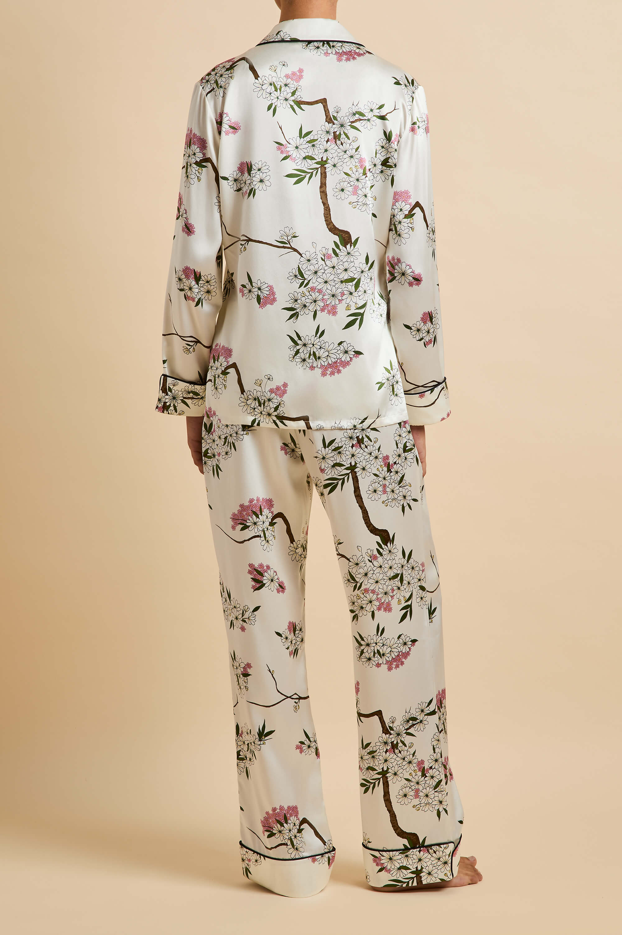 Lila Ana Ivory Blossom Pyjamas in Silk Satin