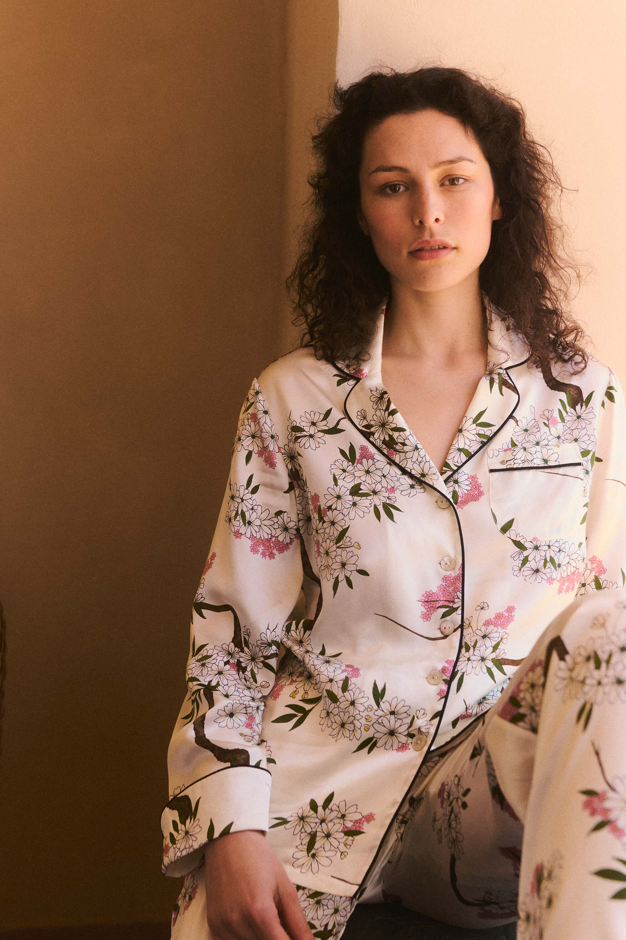 Lila Ana Ivory Blossom Pyjamas in Silk Satin