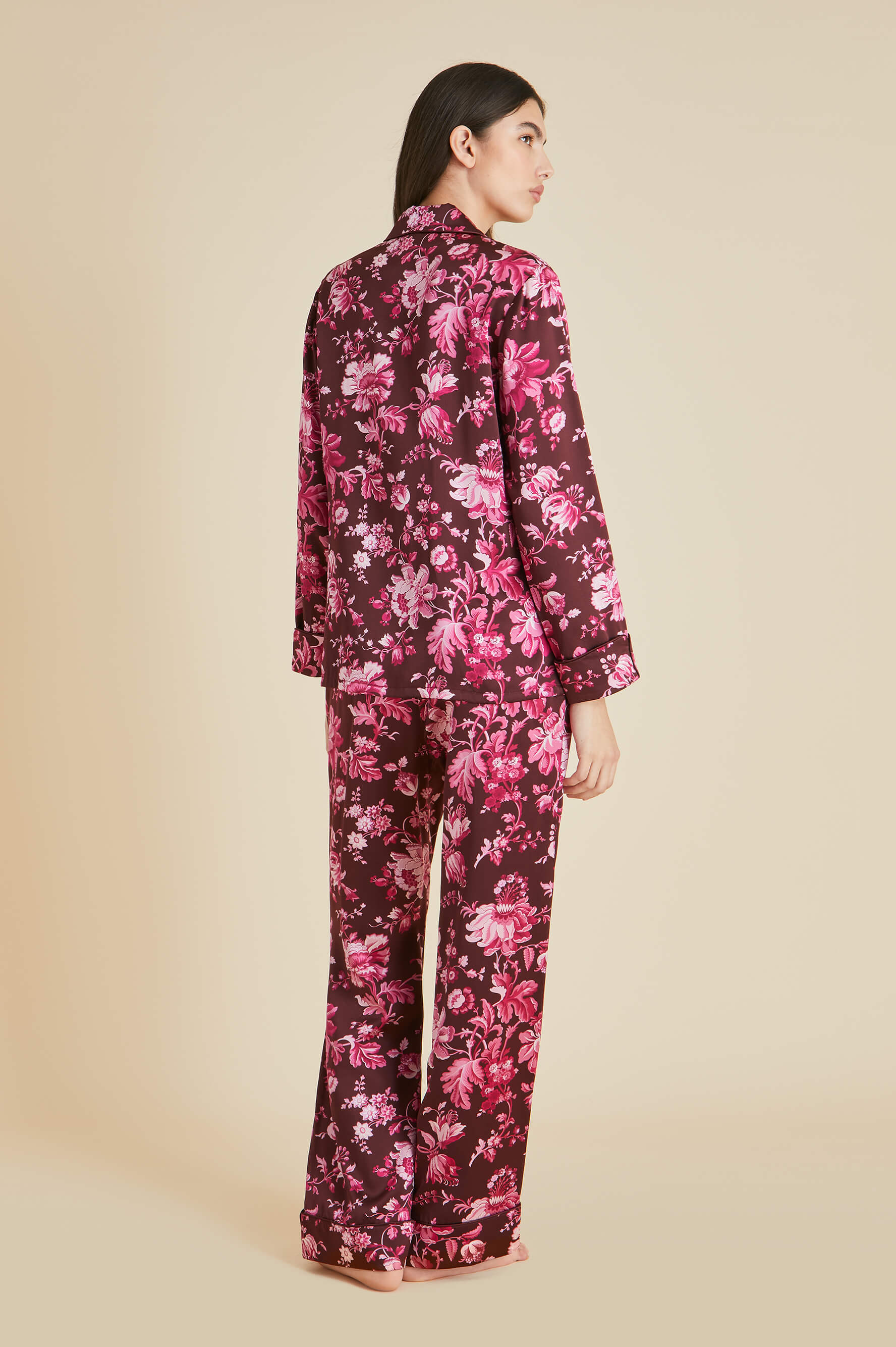 Lila Aphrodite Burgundy Floral Pyjamas in Silk Satin