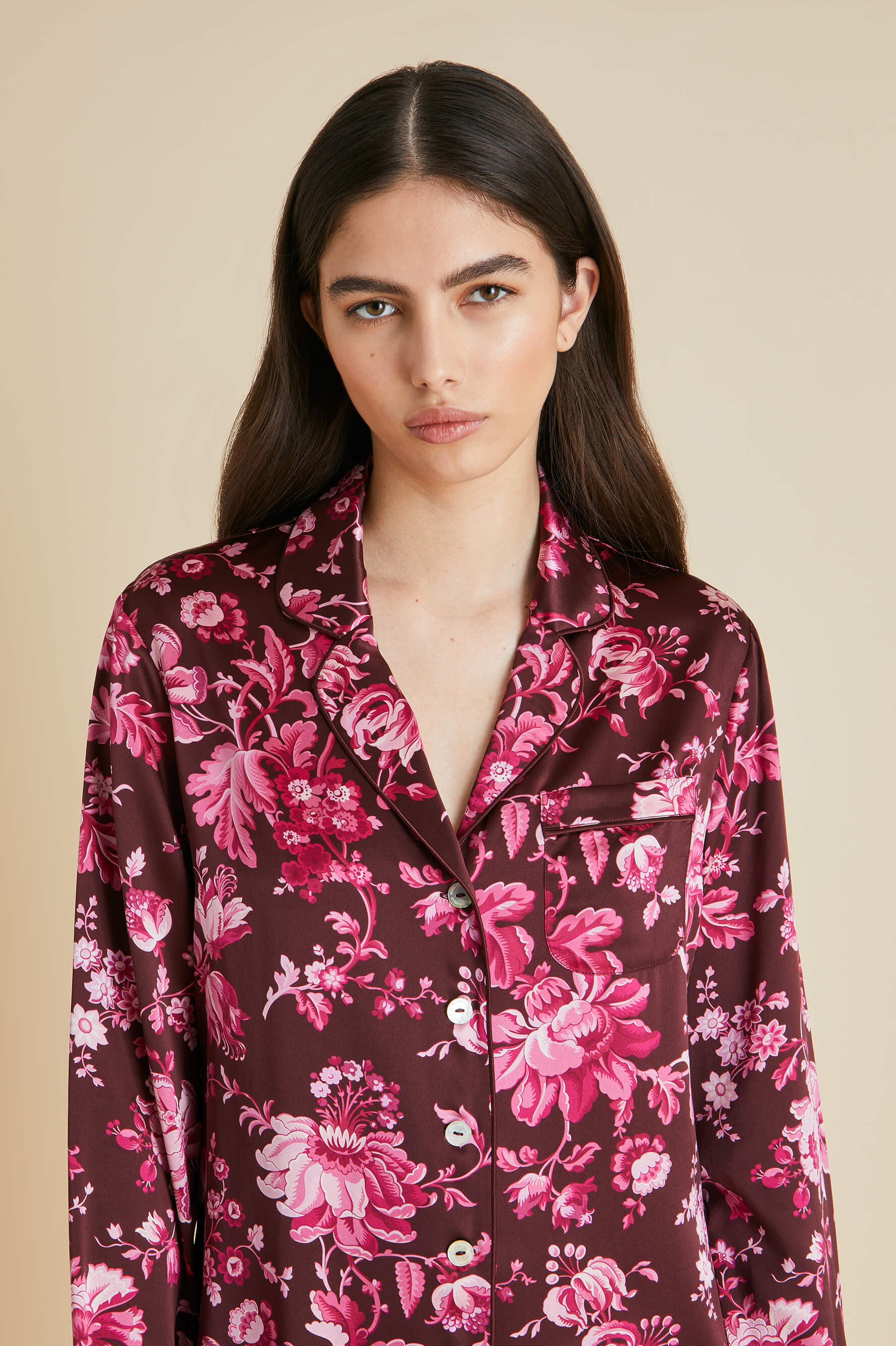 Lila Aphrodite Burgundy Floral Pyjamas in Silk Satin