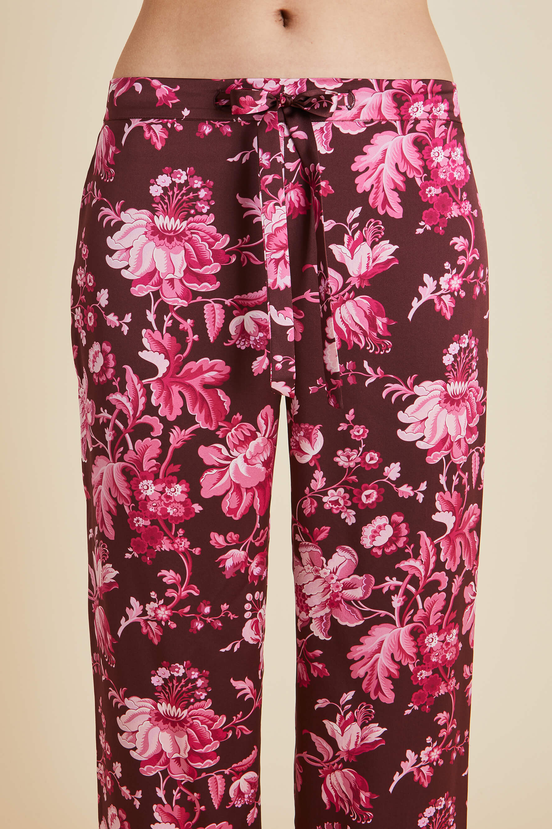 Lila Aphrodite Burgundy Floral Pyjamas in Silk Satin