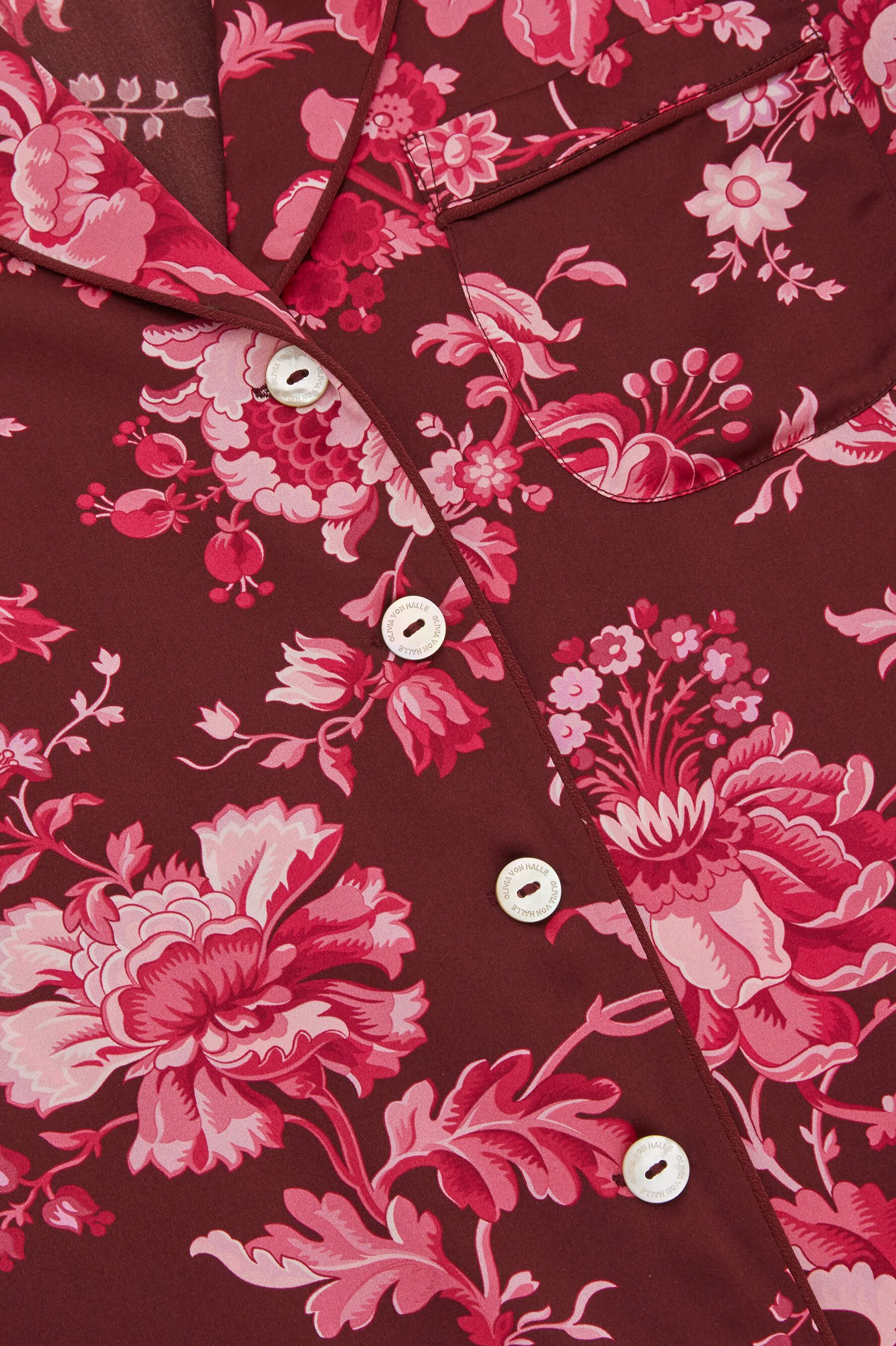 Lila Aphrodite Burgundy Floral Pyjamas in Silk Satin