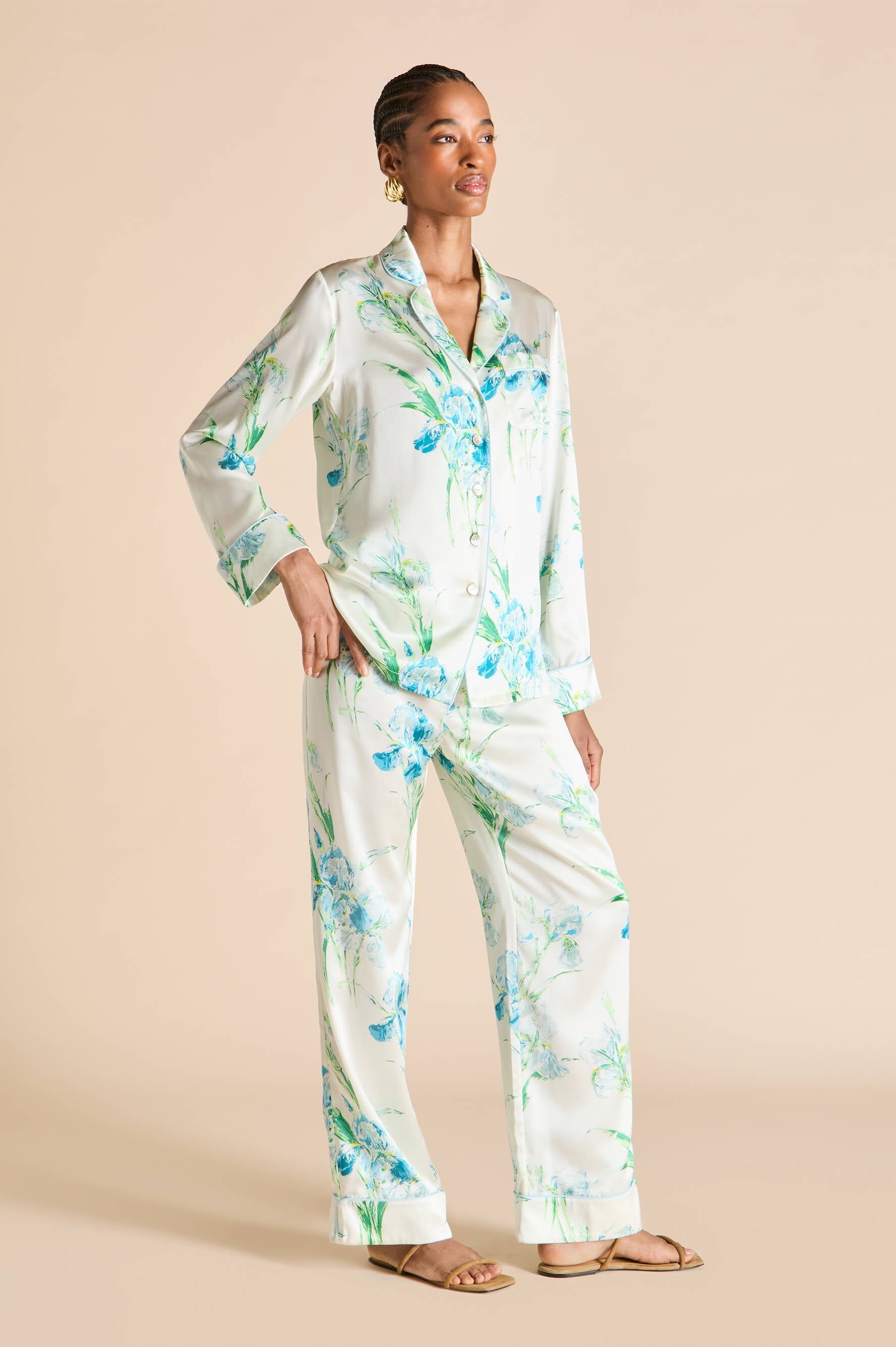 Lila Asterias Ivory Floral Pajamas in Silk Satin
