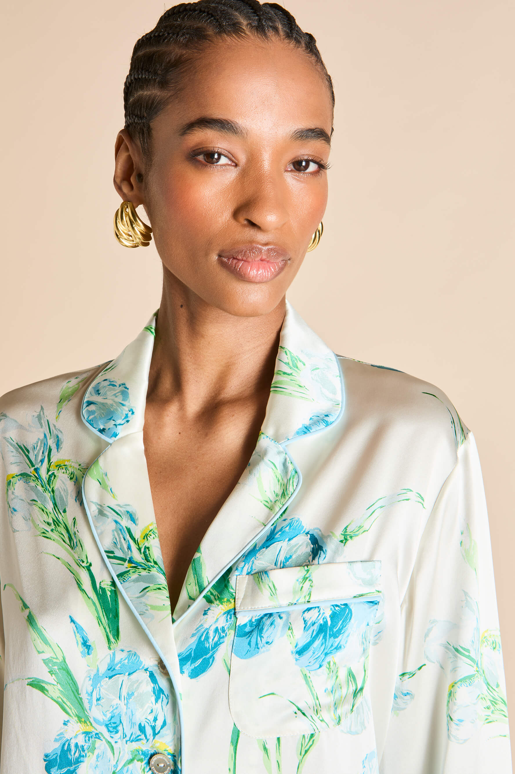 Lila Asterias Ivory Floral Pajamas in Silk Satin