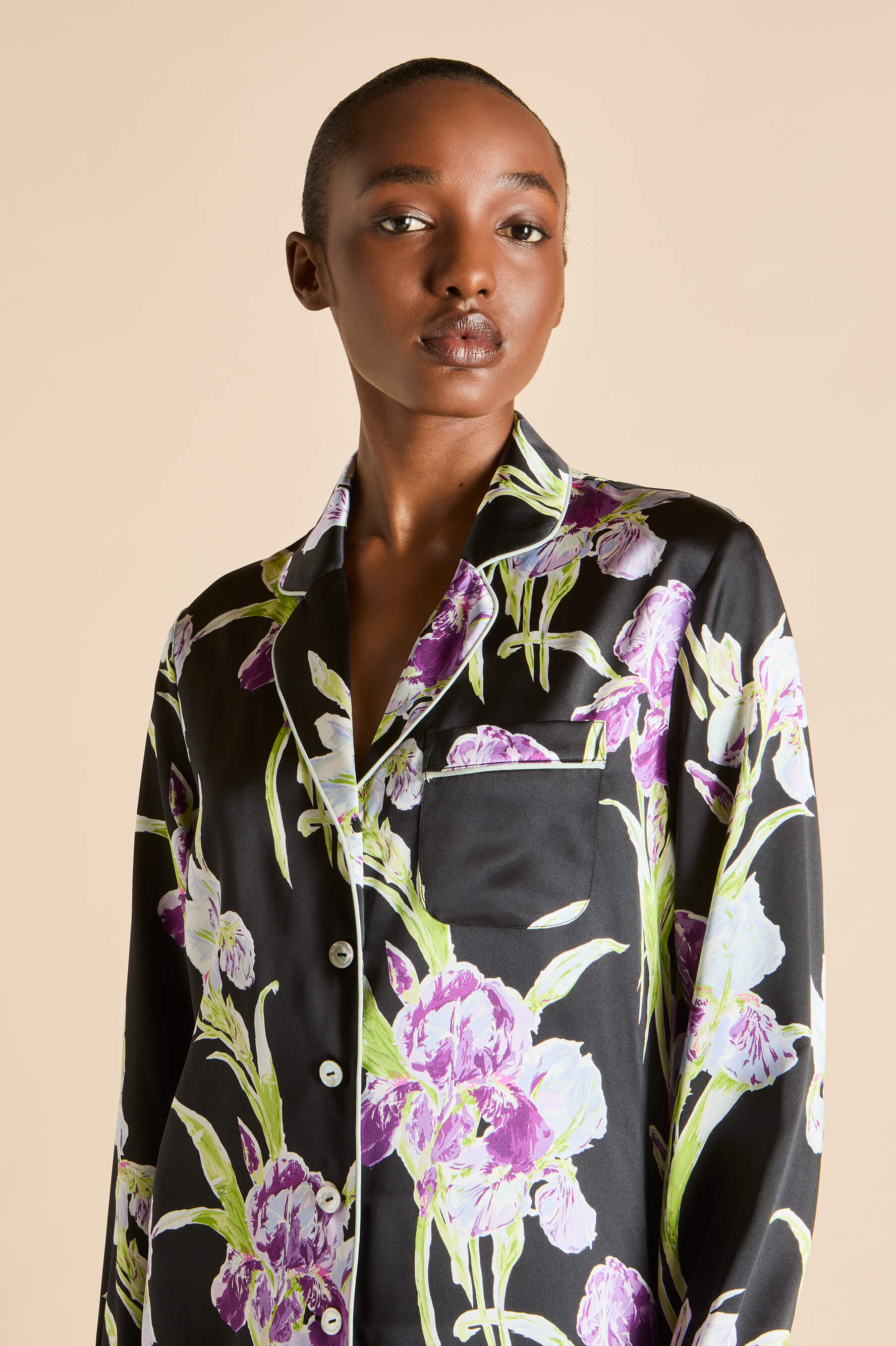 Lila Athena Black Floral Pyjamas in Silk Satin