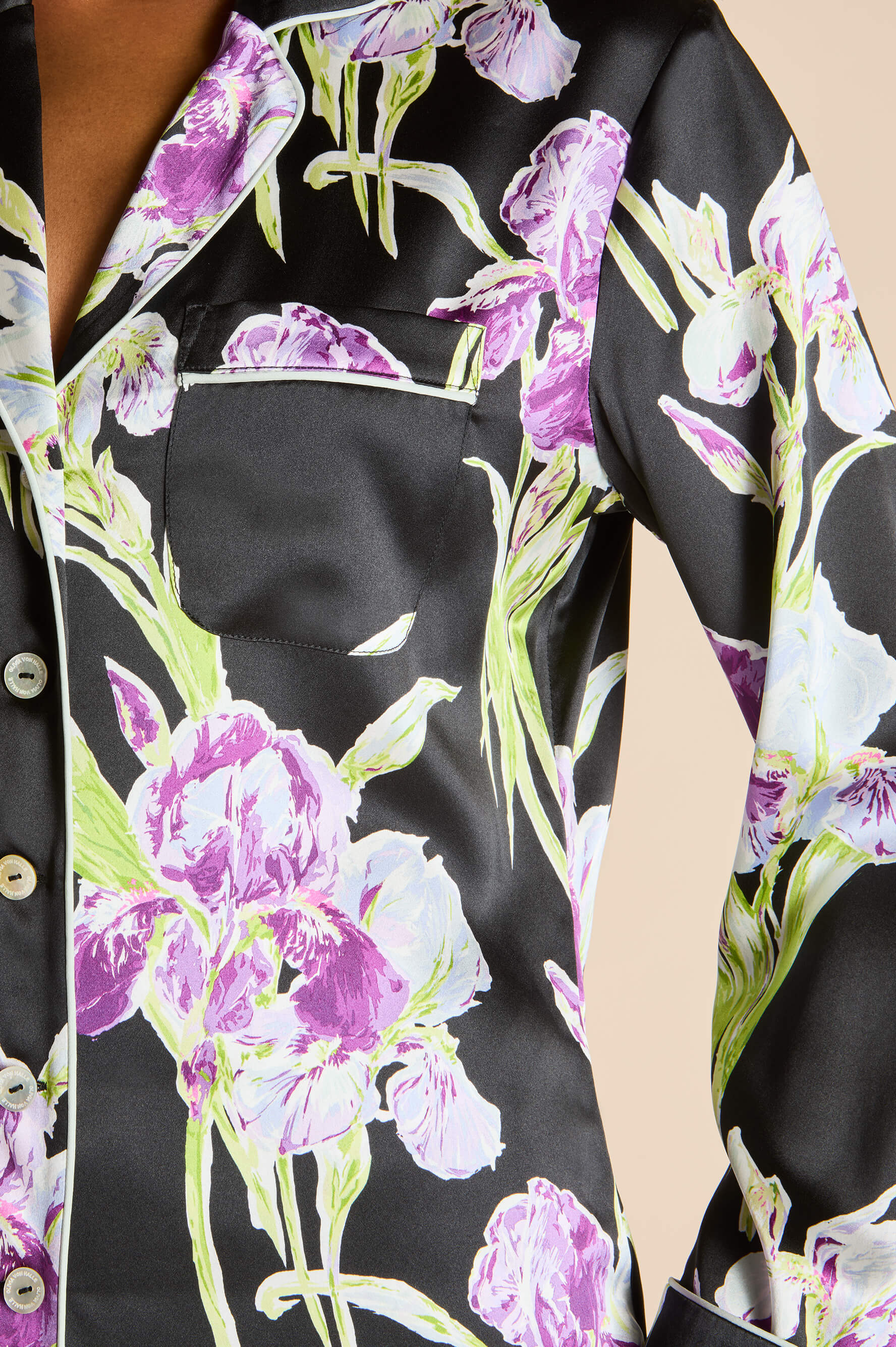 Lila Athena Black Floral Pyjamas in Silk Satin