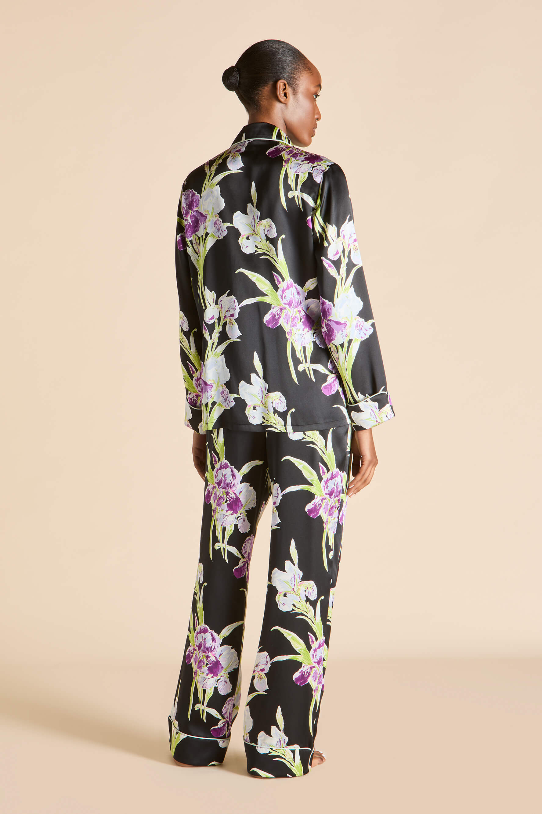 Lila Athena Black Floral Pyjamas in Silk Satin