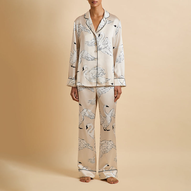 Lila Blanca Cream Swan Pyjamas in Silk Satin