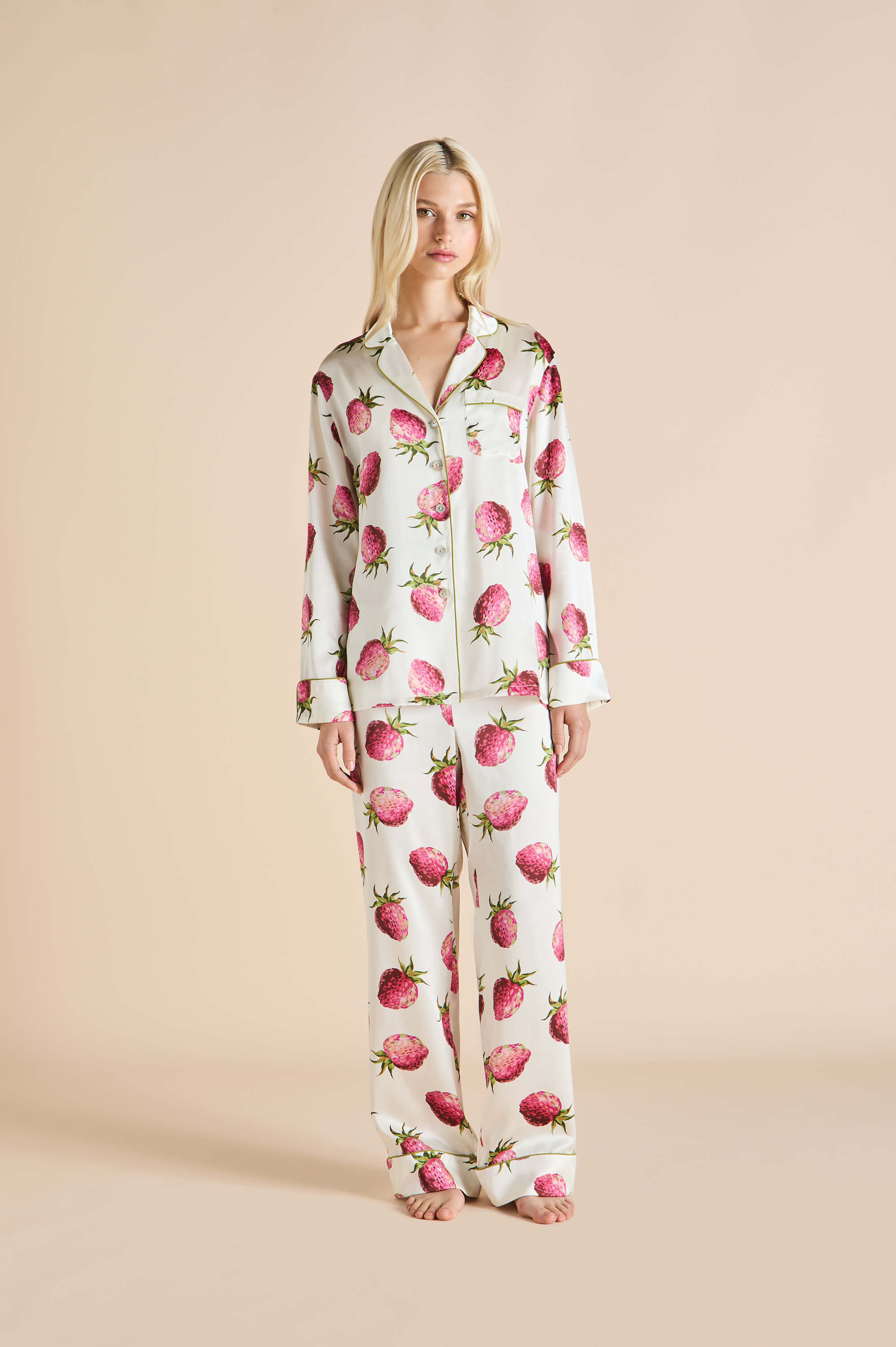 Lila Blythe Ivory Strawberry Pyjamas in Silk Satin