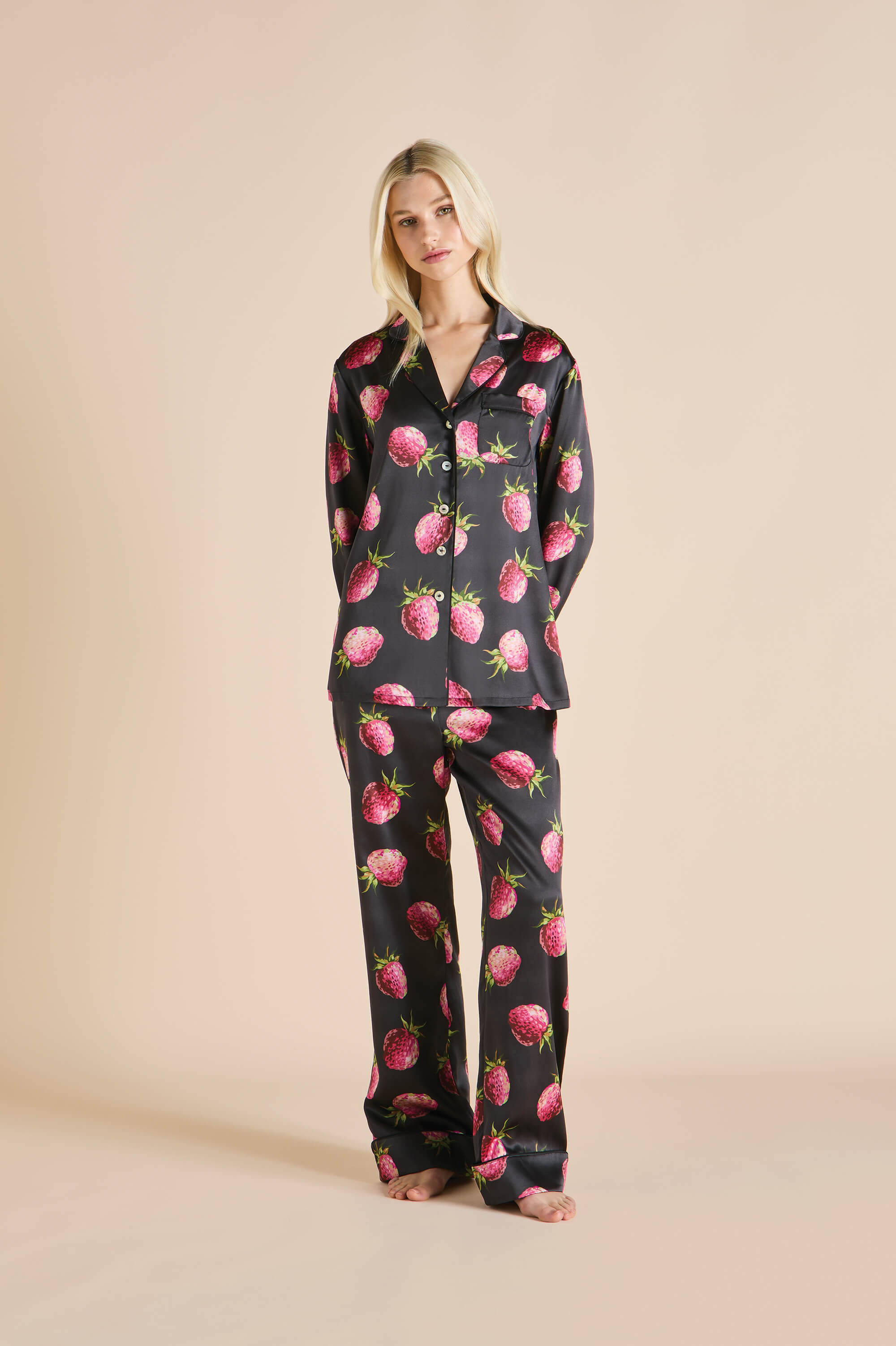 Lila Brigham Black Strawberry Pajamas in Silk Satin Olivia von Halle