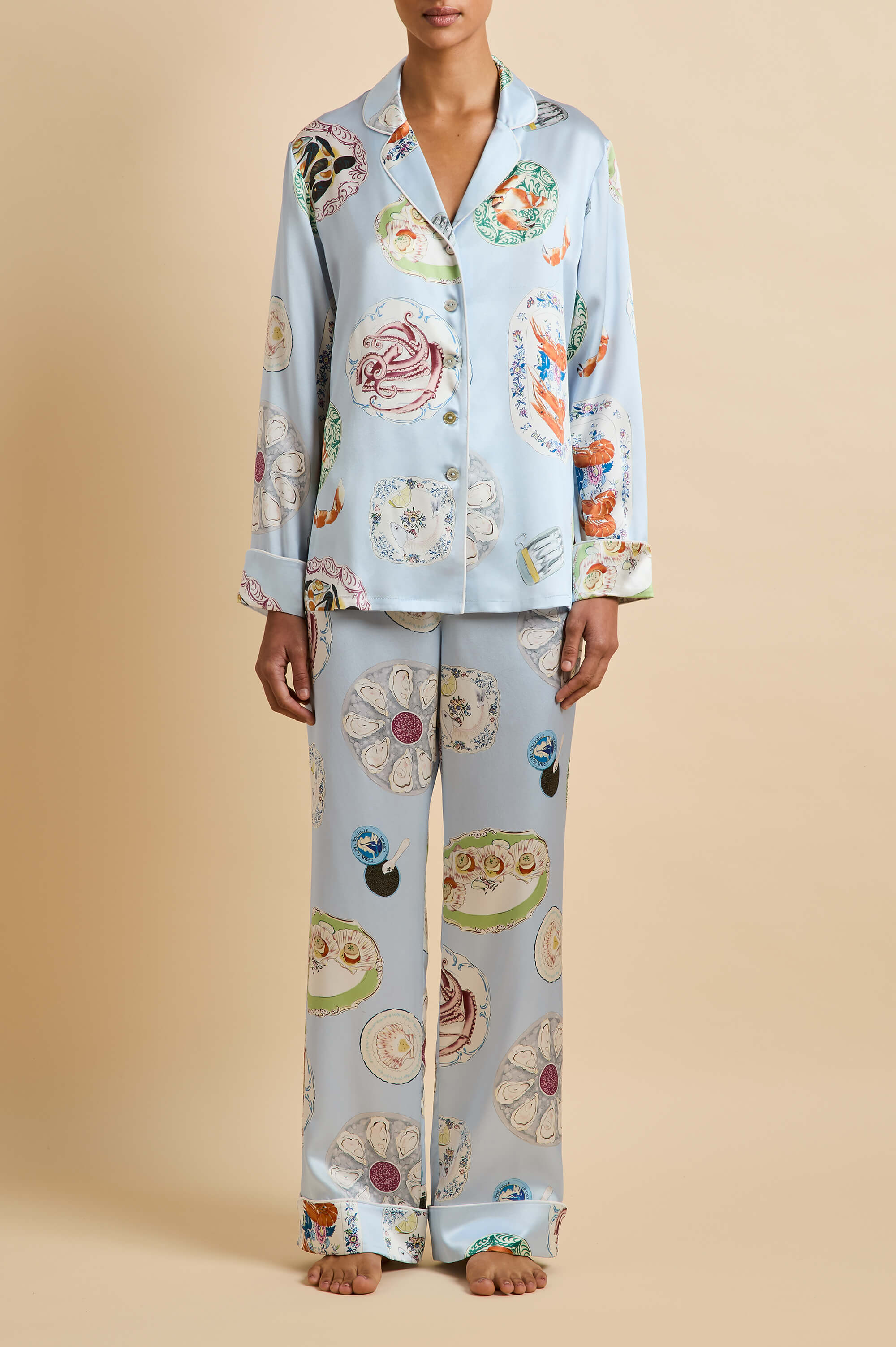lila cadiz blue seafood pyjamas in silk satin