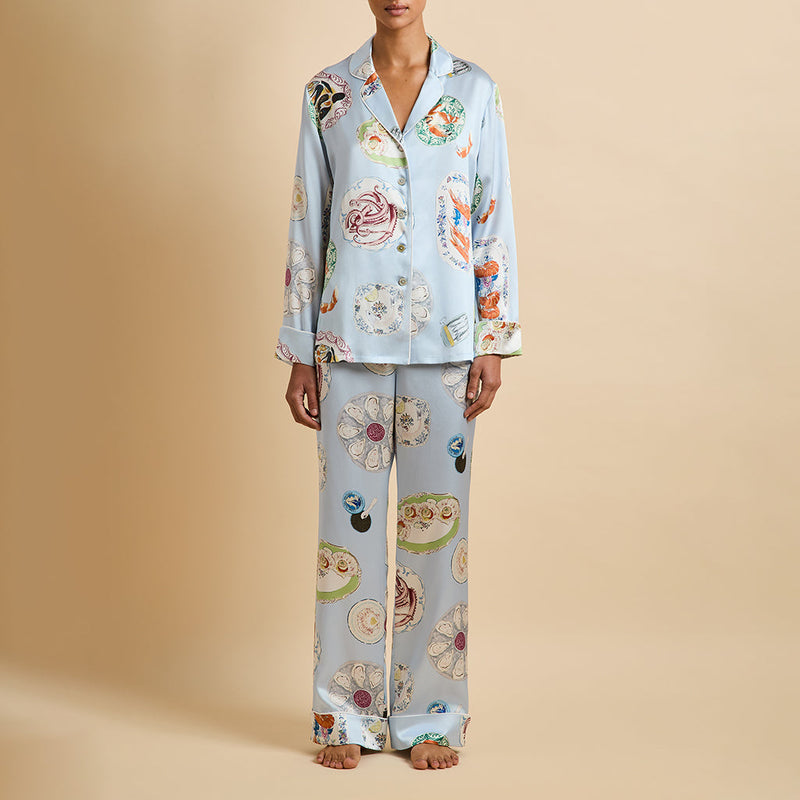 Lila Cadiz Blue Seafood Pyjamas in Silk Satin