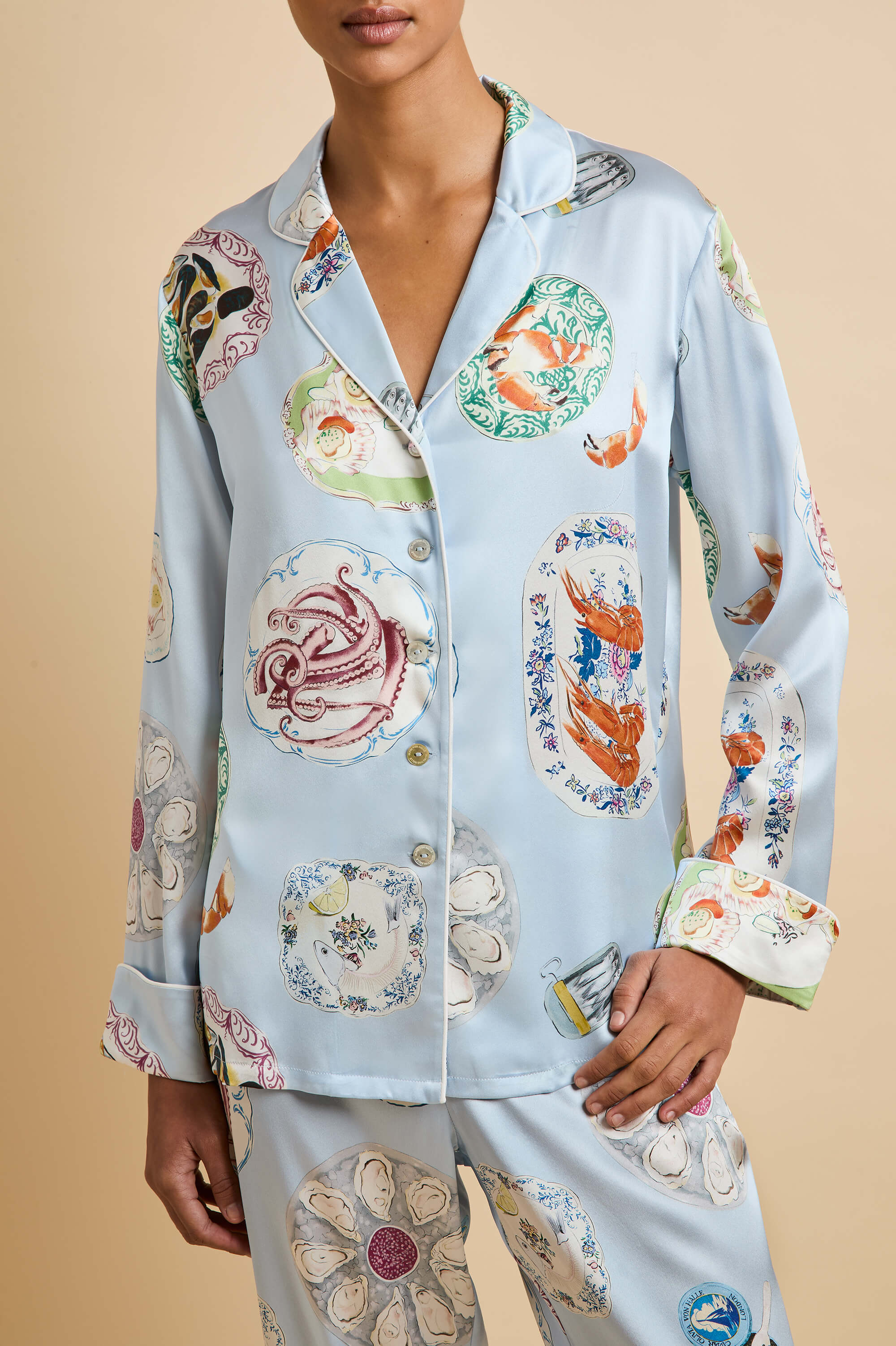 lila cadiz blue seafood pyjamas in silk satin 