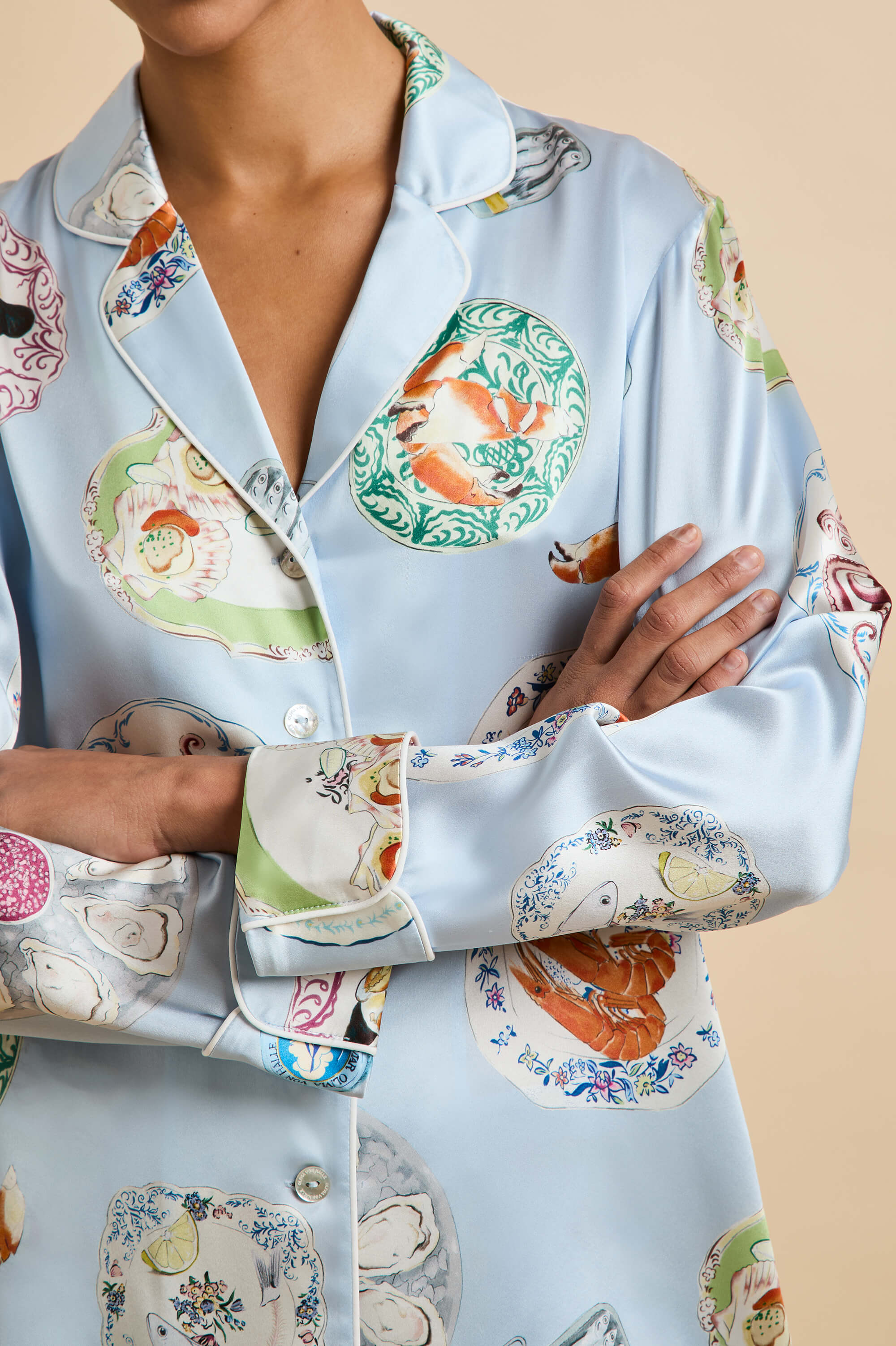 Lila Cadiz Blue Seafood Pyjamas in Silk Satin