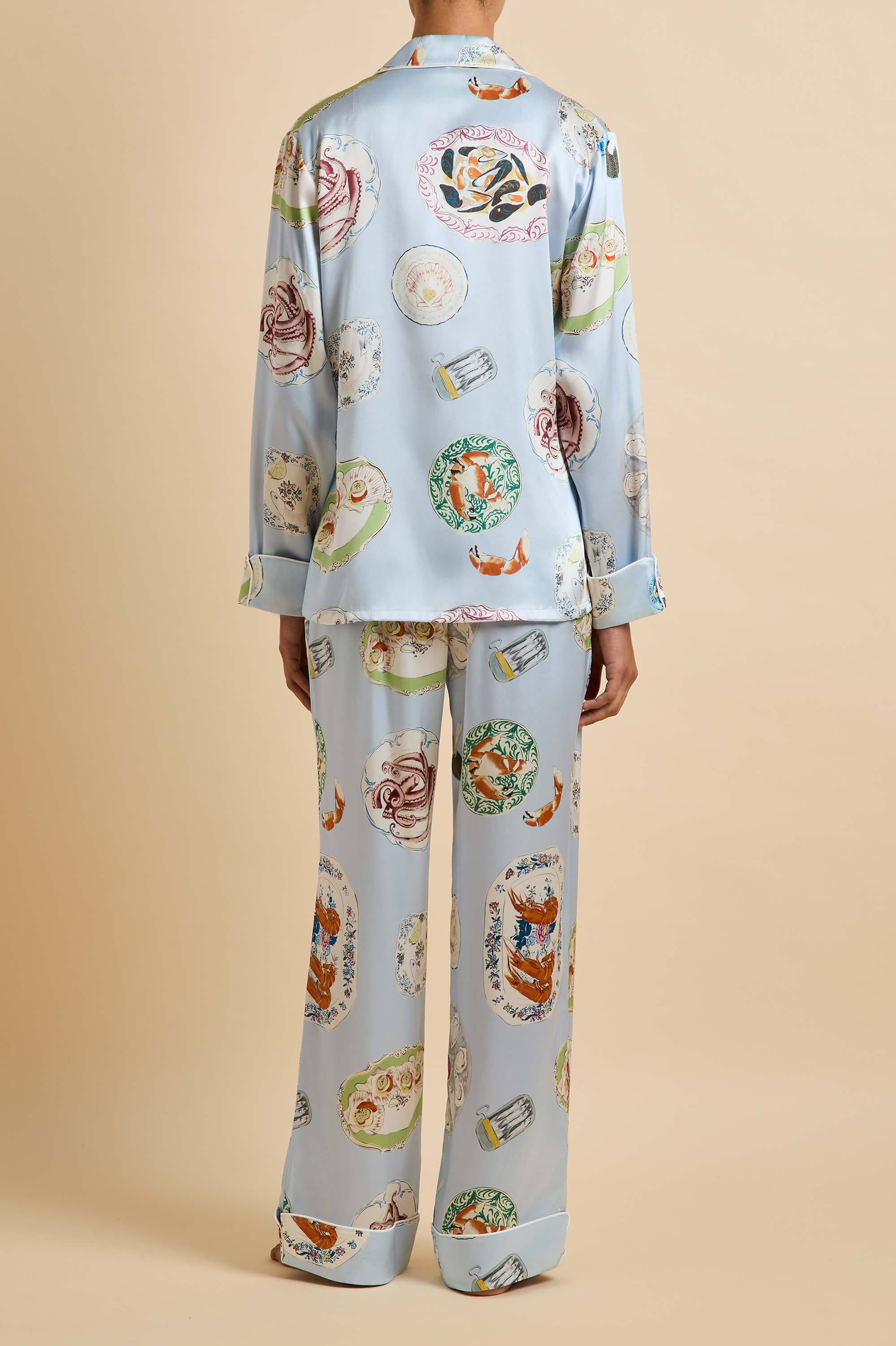 Lila Cadiz Blue Seafood Pyjamas in Silk Satin