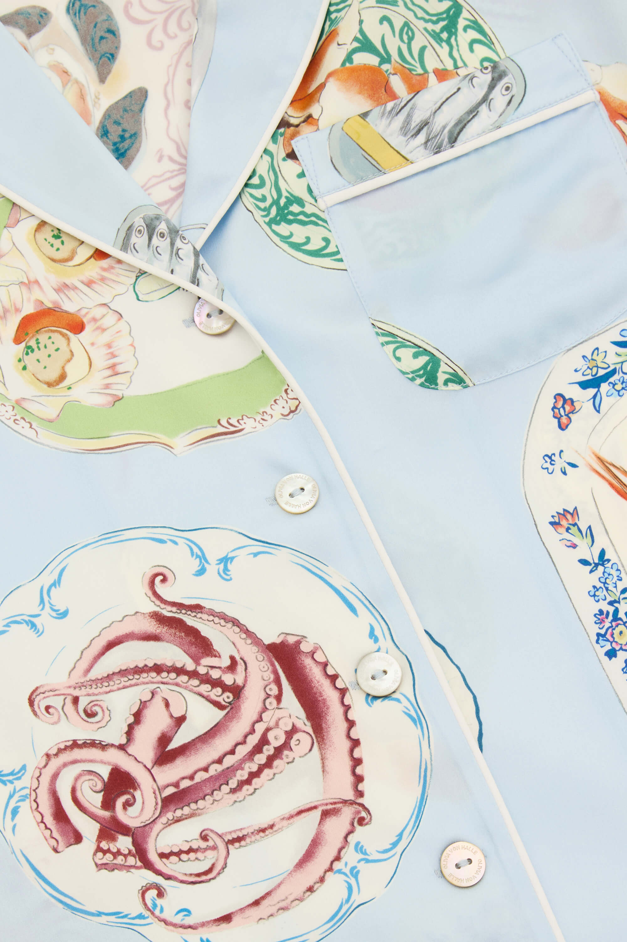 Lila Cadiz Blue Seafood Pyjamas in Silk Satin