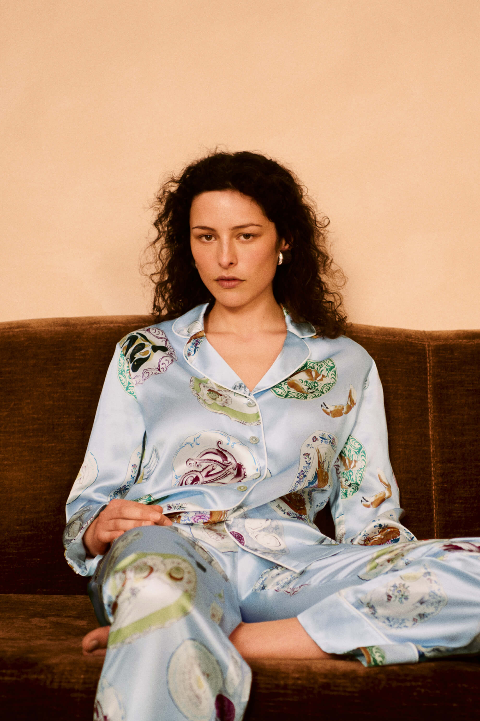 Lila Cadiz Blue Seafood Pajamas in Silk Satin |Olivia von Halle