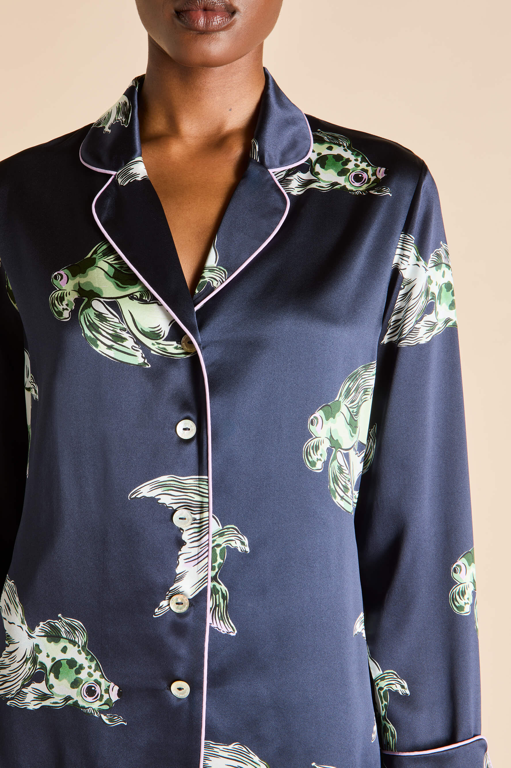 lila caspian navy goldfish pajamas in silk satin 