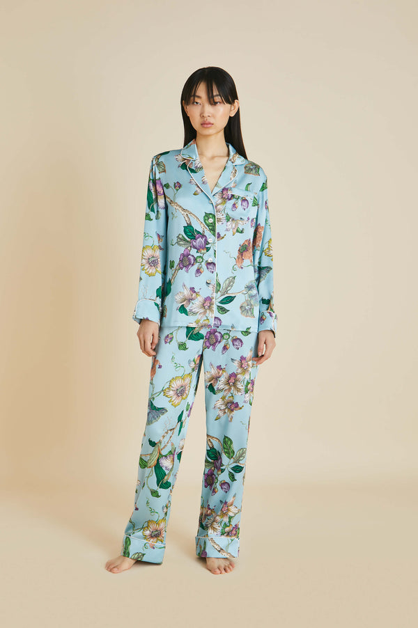 Lila Ceres Blue Floral Pyjamas in Silk Satin