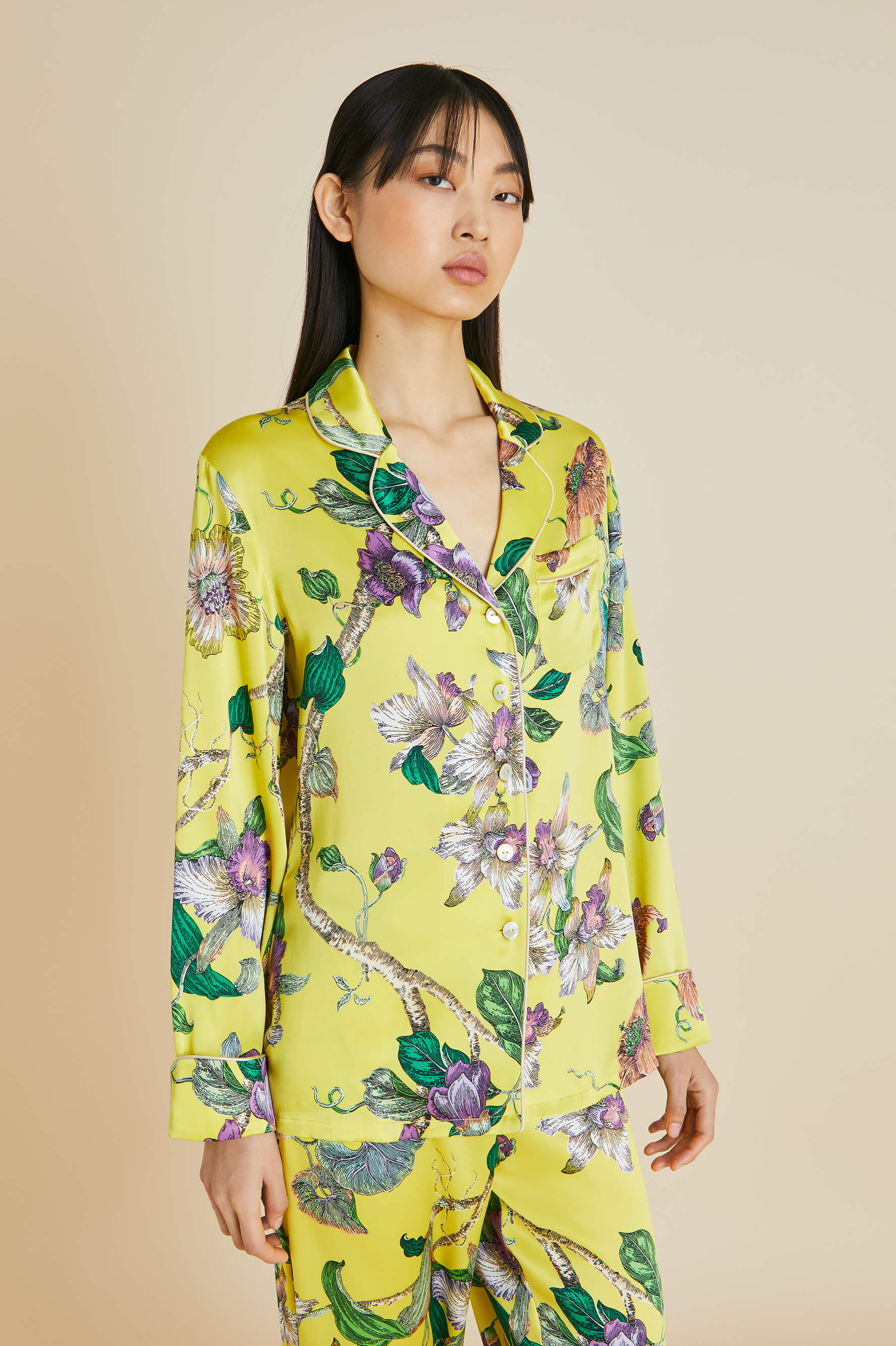 Lila Chakra Yellow Floral Silk Satin Pyjamas