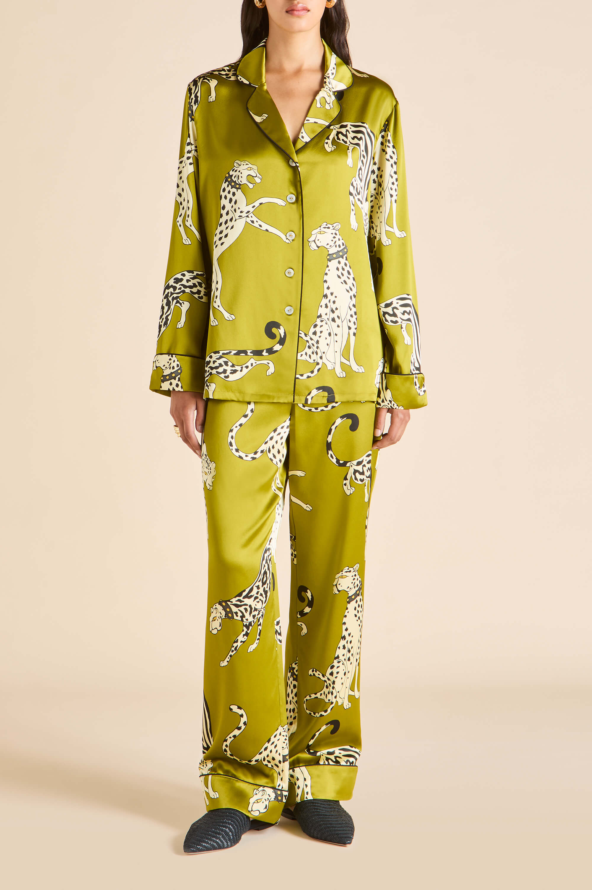 Lila Chanson Green Leopard Pyjamas in Silk Satin