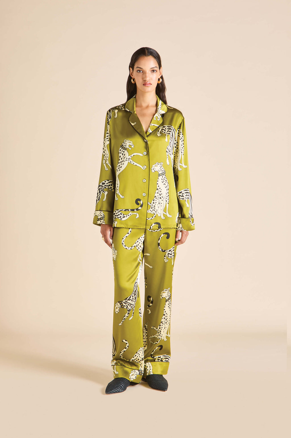 Lila Chanson Green Leopard Pyjamas in Silk Satin Olivia von Halle