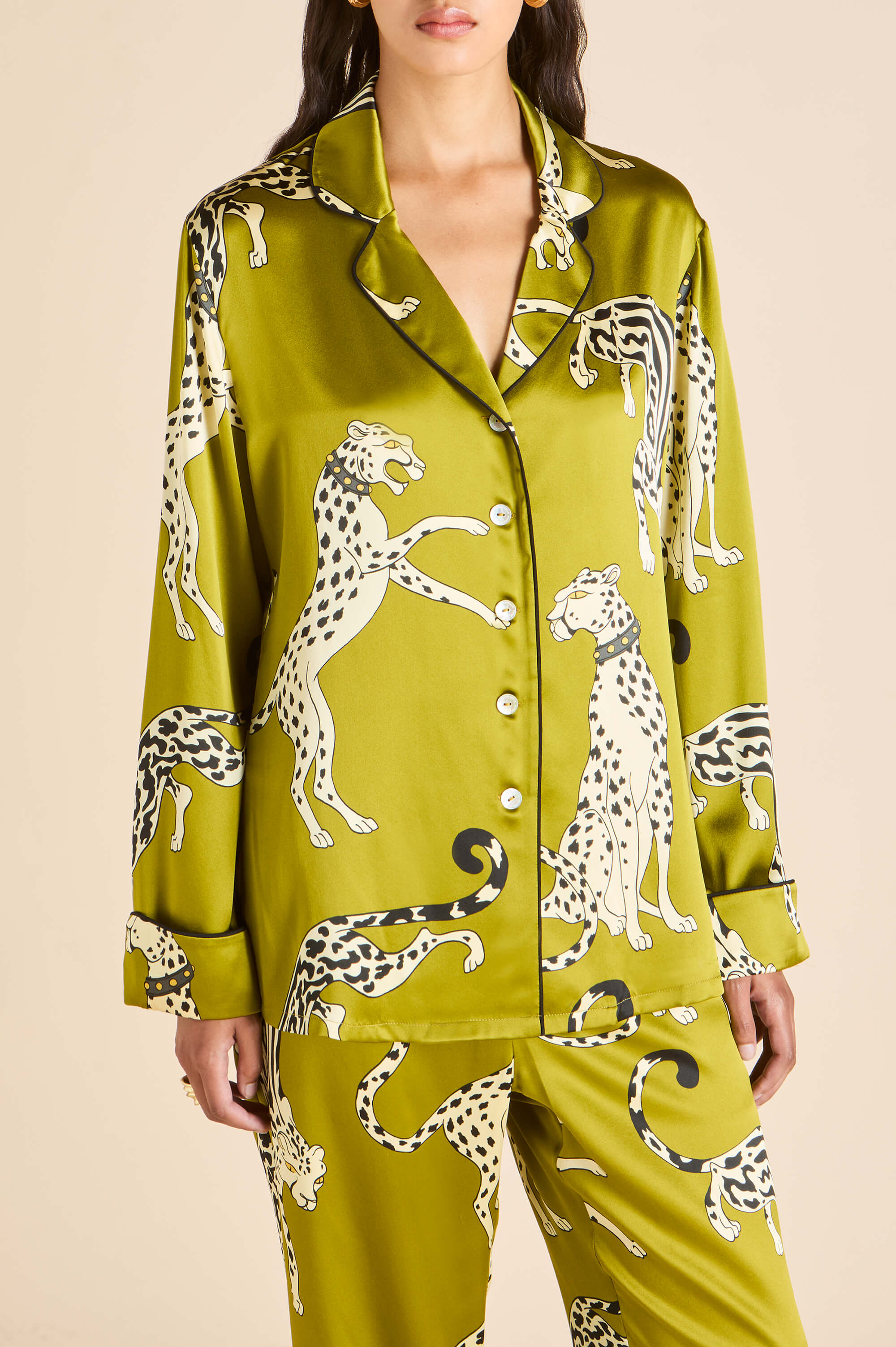 Lila Chanson Green Leopard Pyjamas in Silk Satin