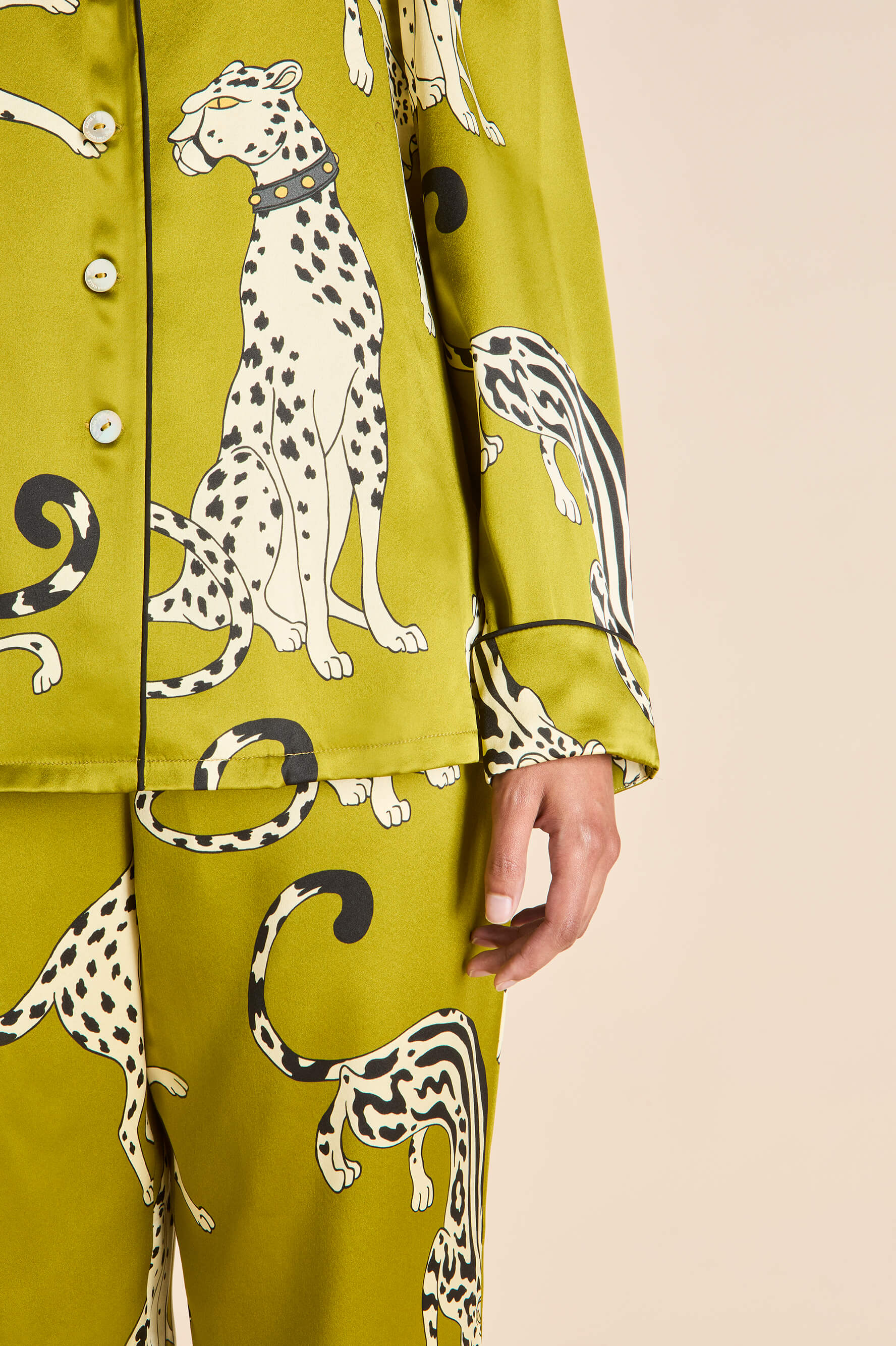 Lila Chanson Green Leopard Pyjamas in Silk Satin