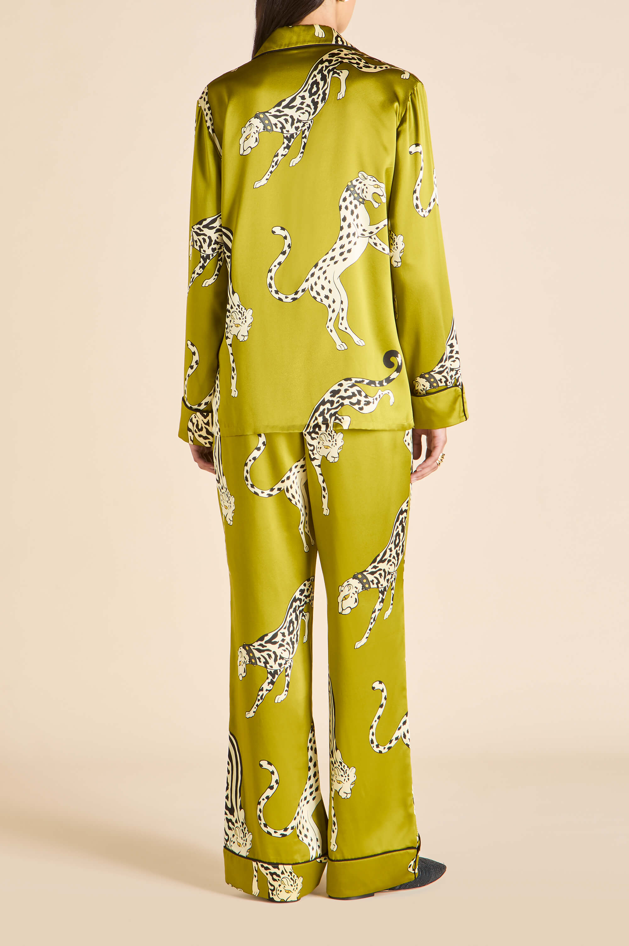 Lila Chanson Green Leopard Pyjamas in Silk Satin