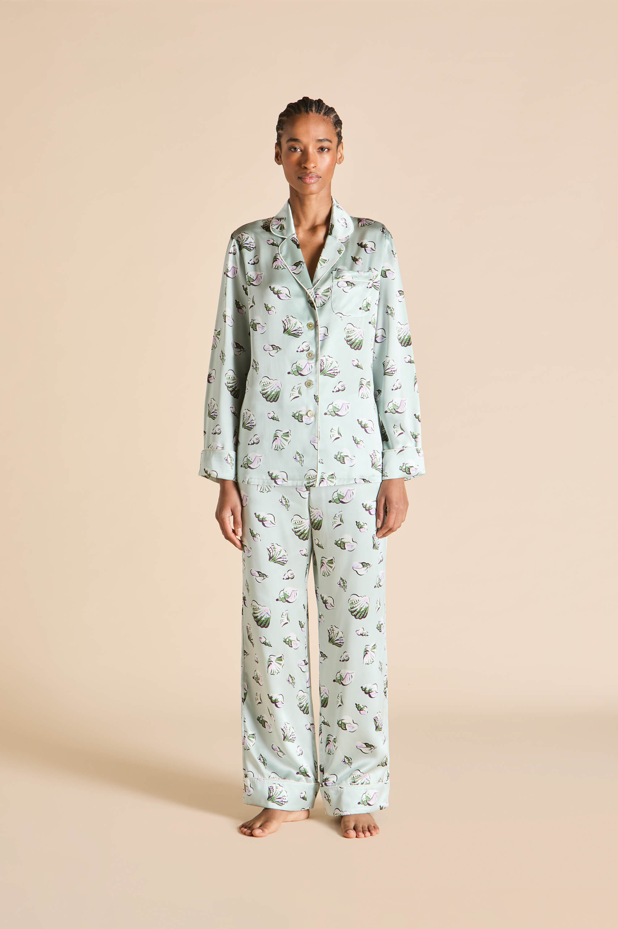Lila Cowrie Blue Seashell Pyjamas in Silk Satin | Olivia von Halle