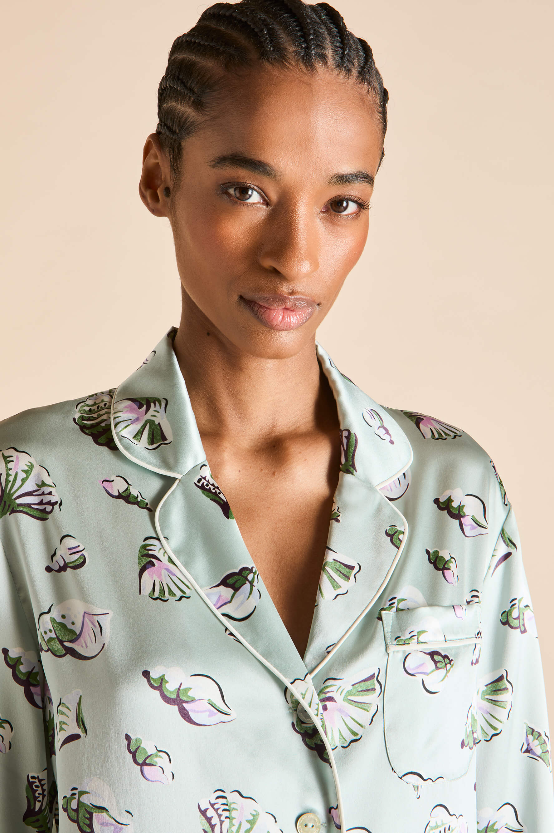 Lila Cowrie Blue Seashell Pajamas in Silk Satin