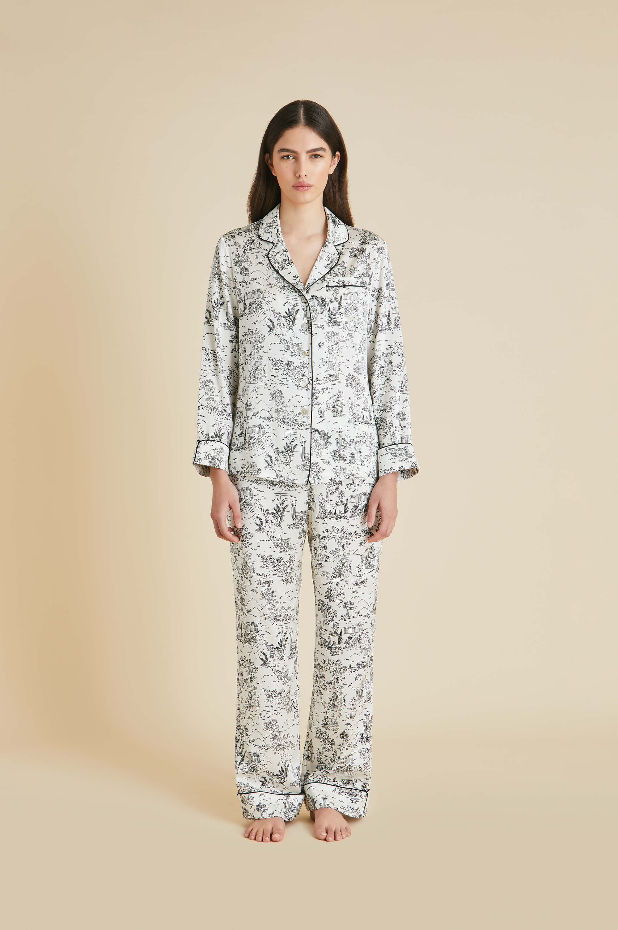 Lila Dioscuri Ivory Toile de Jouy Pyjamas in Silk Satin