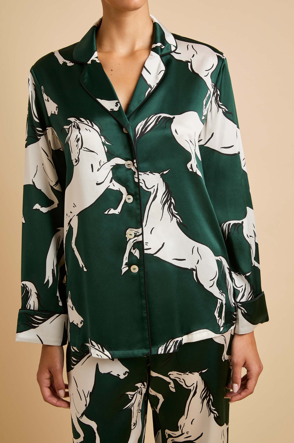 lila equora green horse pyjamas in silk satin [