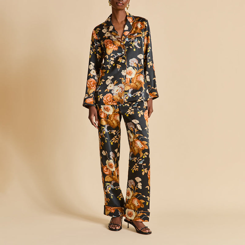 Lila Evora Black Floral Pyjamas in Silk Satin