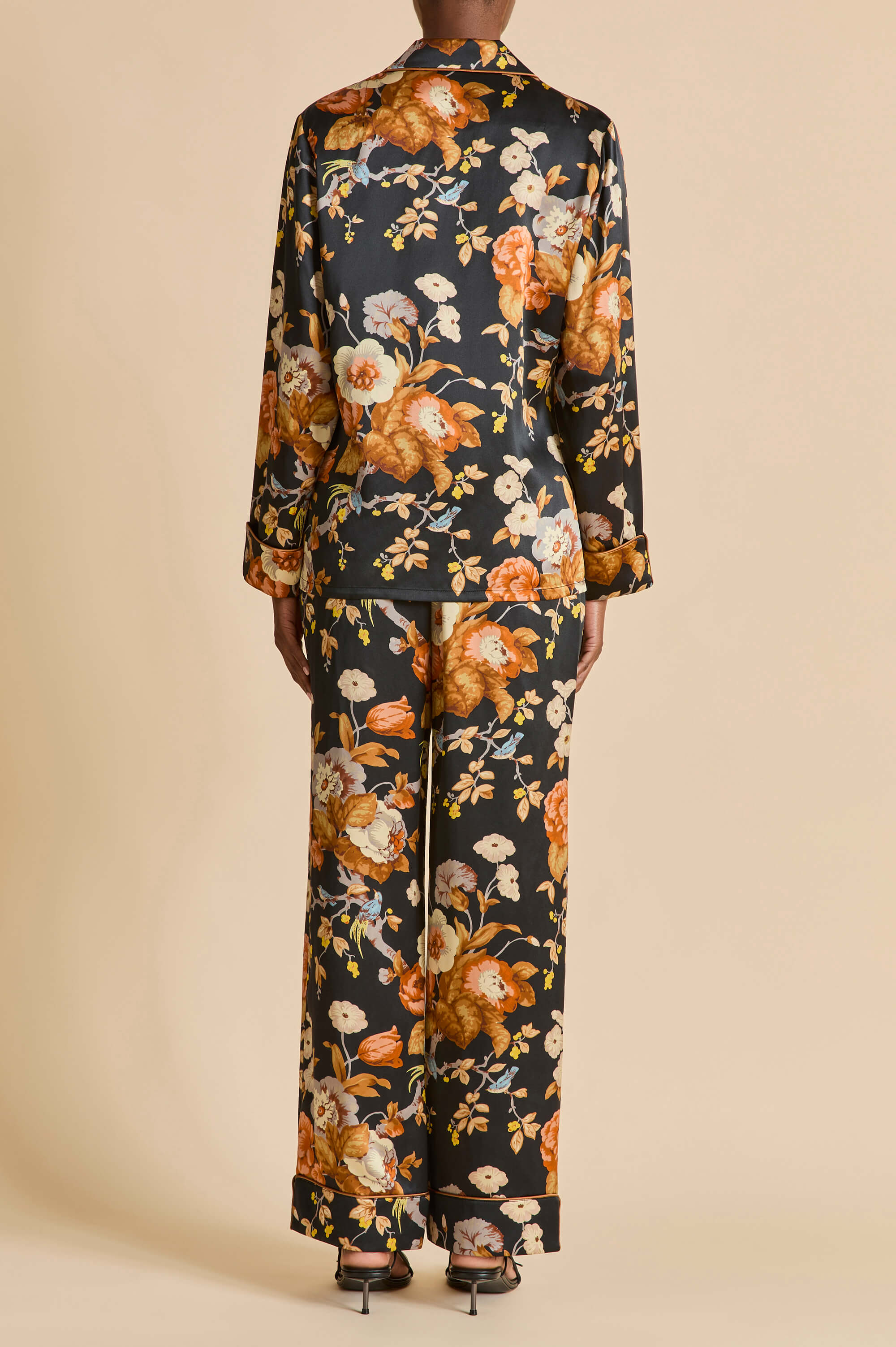 Lila Evora Black Floral Pajamas in Silk Satin