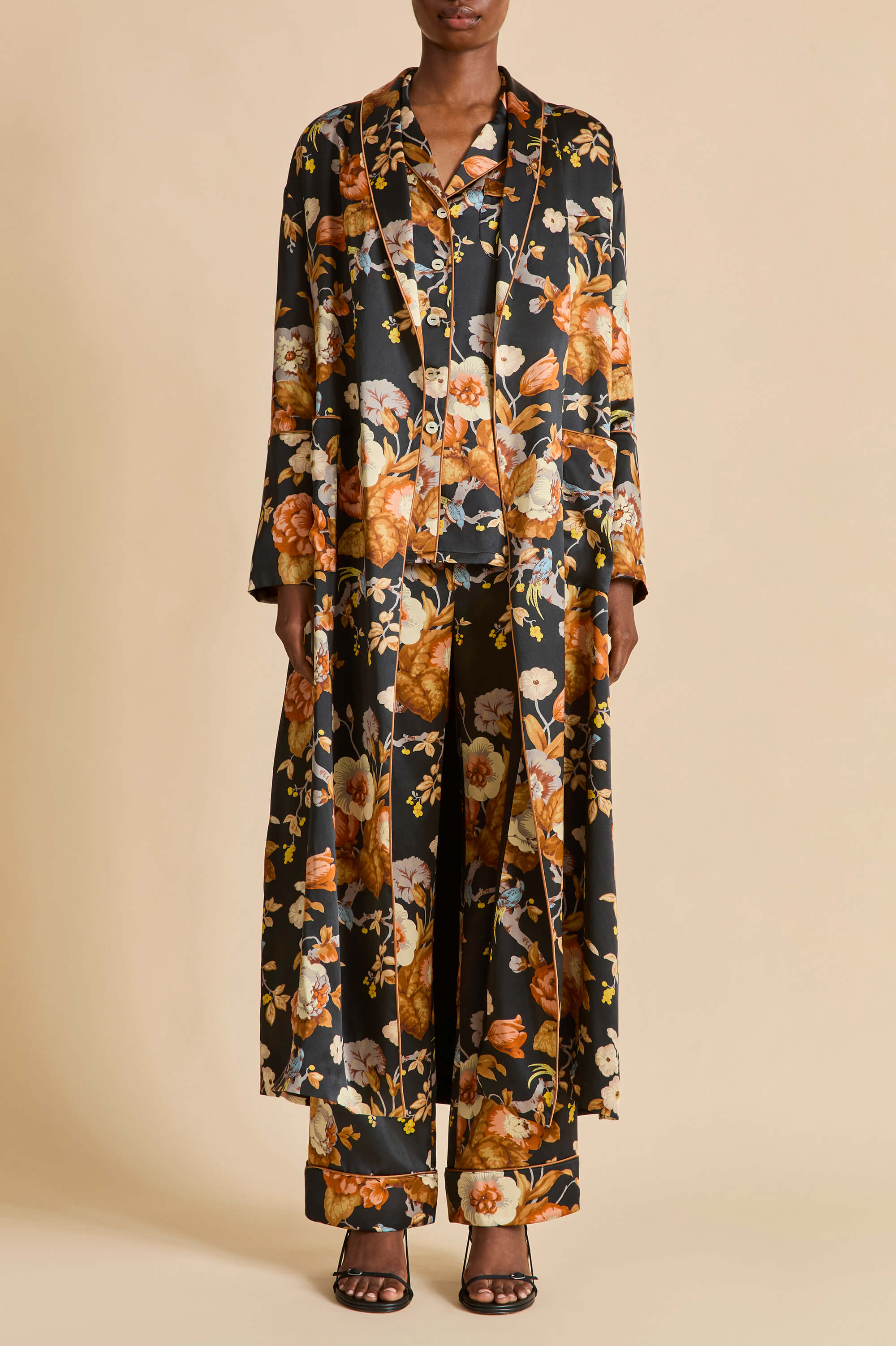 Lila Evora Black Floral Pajamas in Silk Satin