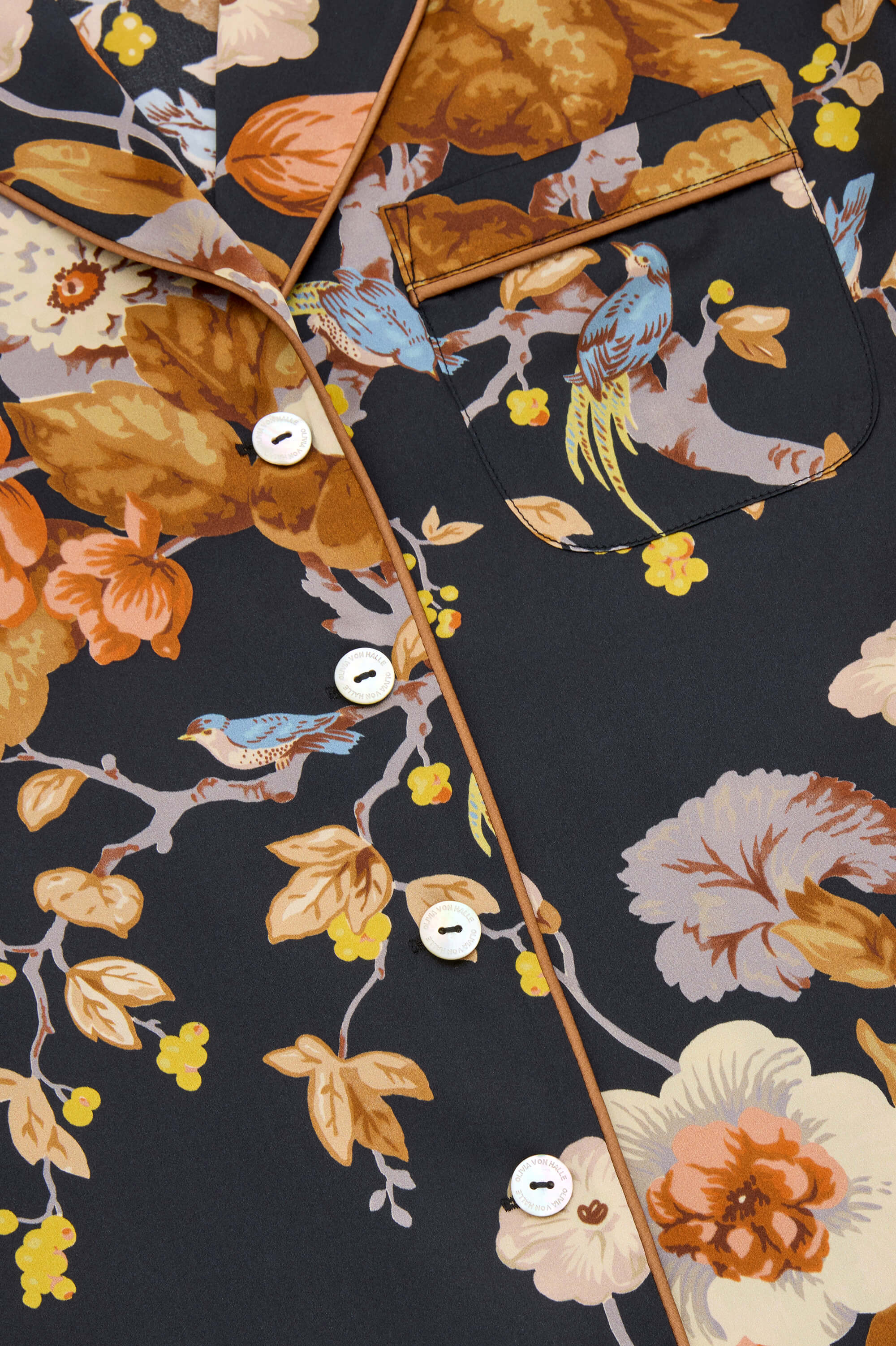 Lila Evora Black Floral Pajamas in Silk Satin