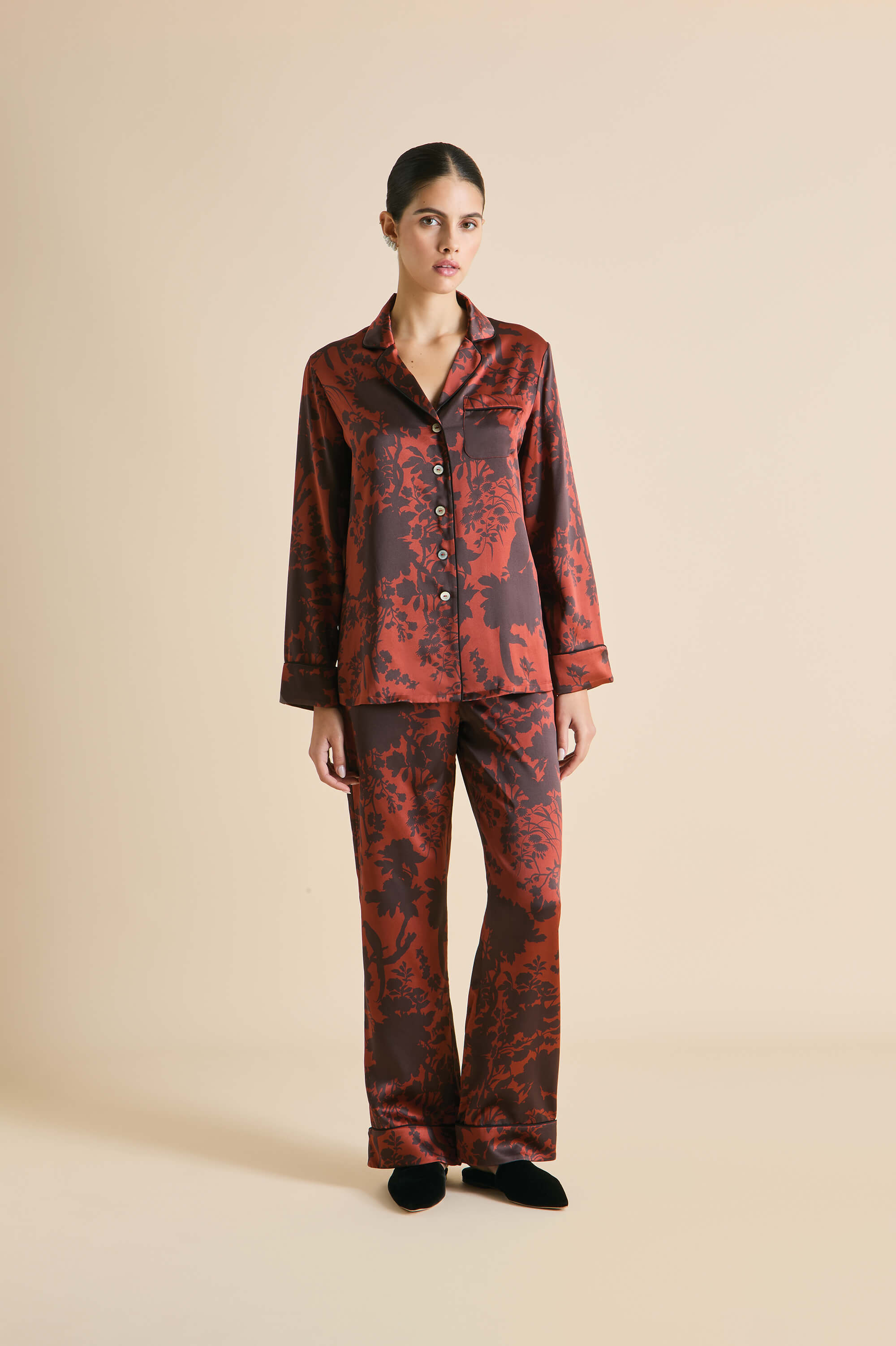 Lila Lalanne Burgundy Floral Pyjamas in Silk Satin