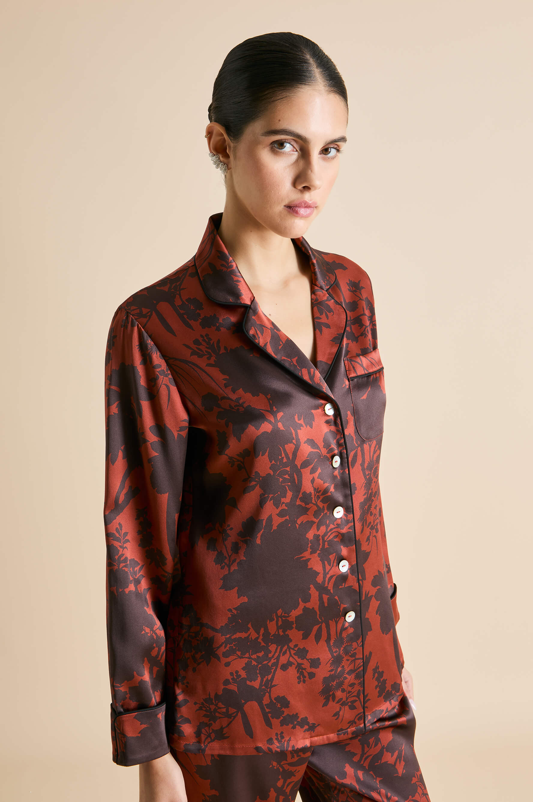 Lila Lalanne Burgundy Floral Pyjamas in Silk Satin