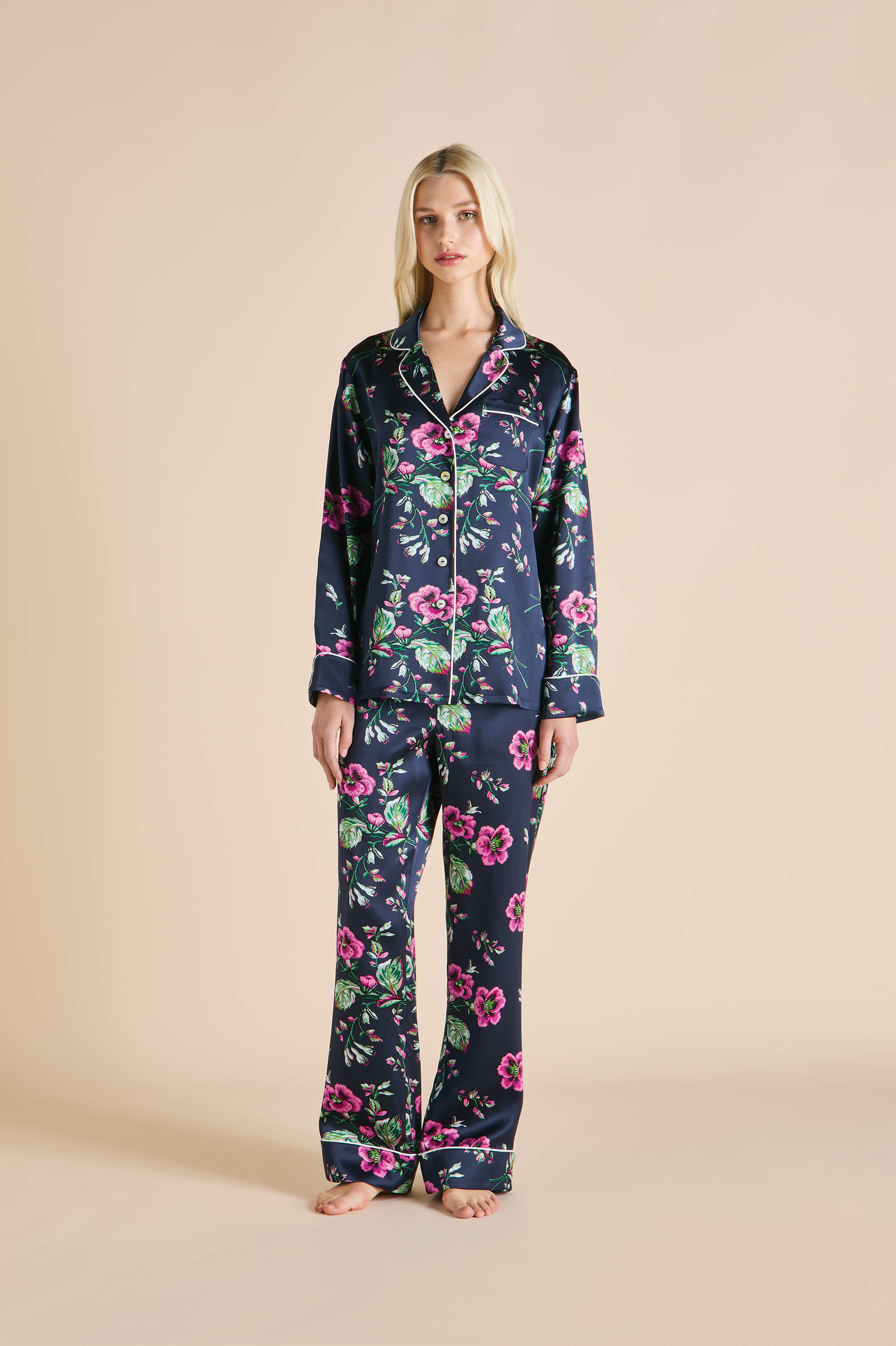 Lila Madison Navy Floral Pyjamas in Silk Satin