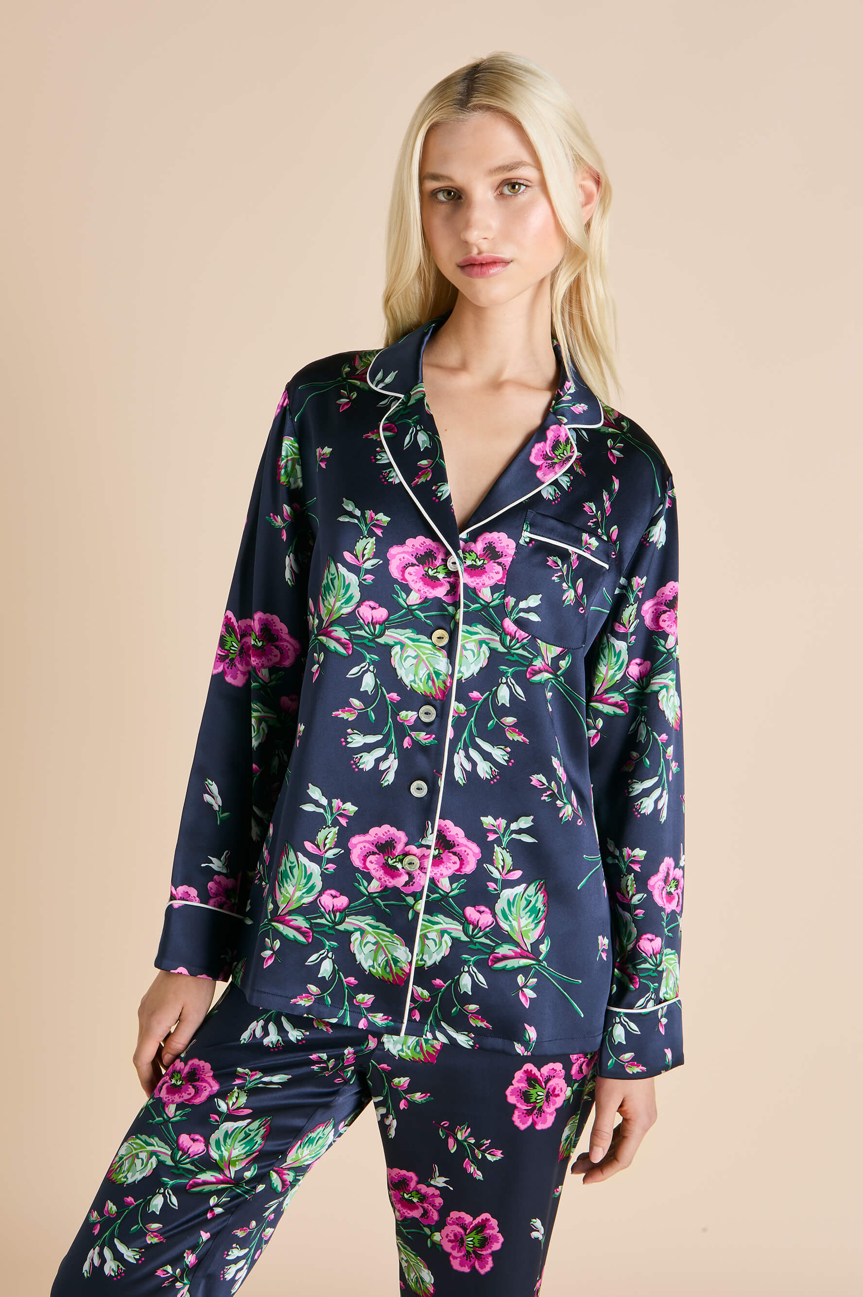 Lila Madison Navy Floral Pyjamas in Silk Satin