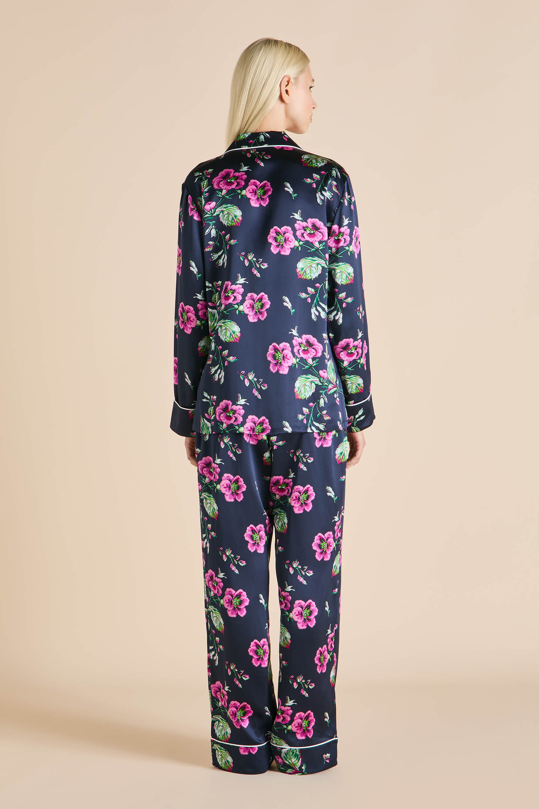 Lila Madison Navy Floral Pyjamas in Silk Satin